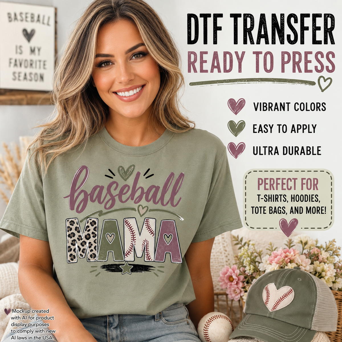 Baseball Mama DTF transfer shown on a sage green T-shirt mockup with leopard print, baseball stitching, hearts, and vintage-style lettering.
