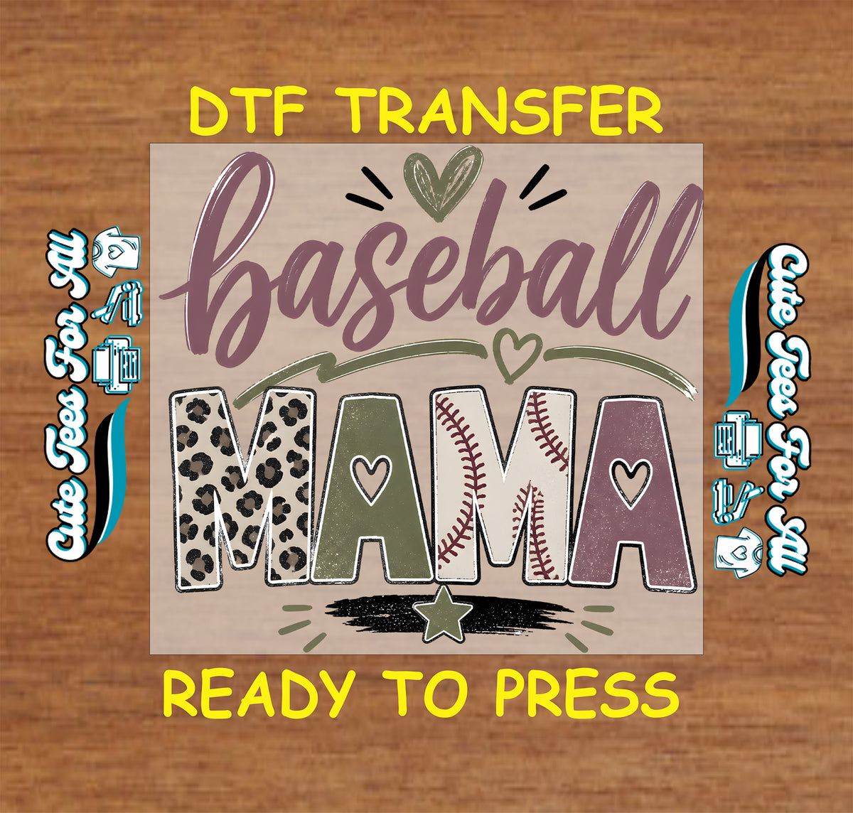 Baseball Mama DTF transfer design featuring mixed-pattern MAMA lettering with leopard print, baseball stitching, hearts, and distressed accents.