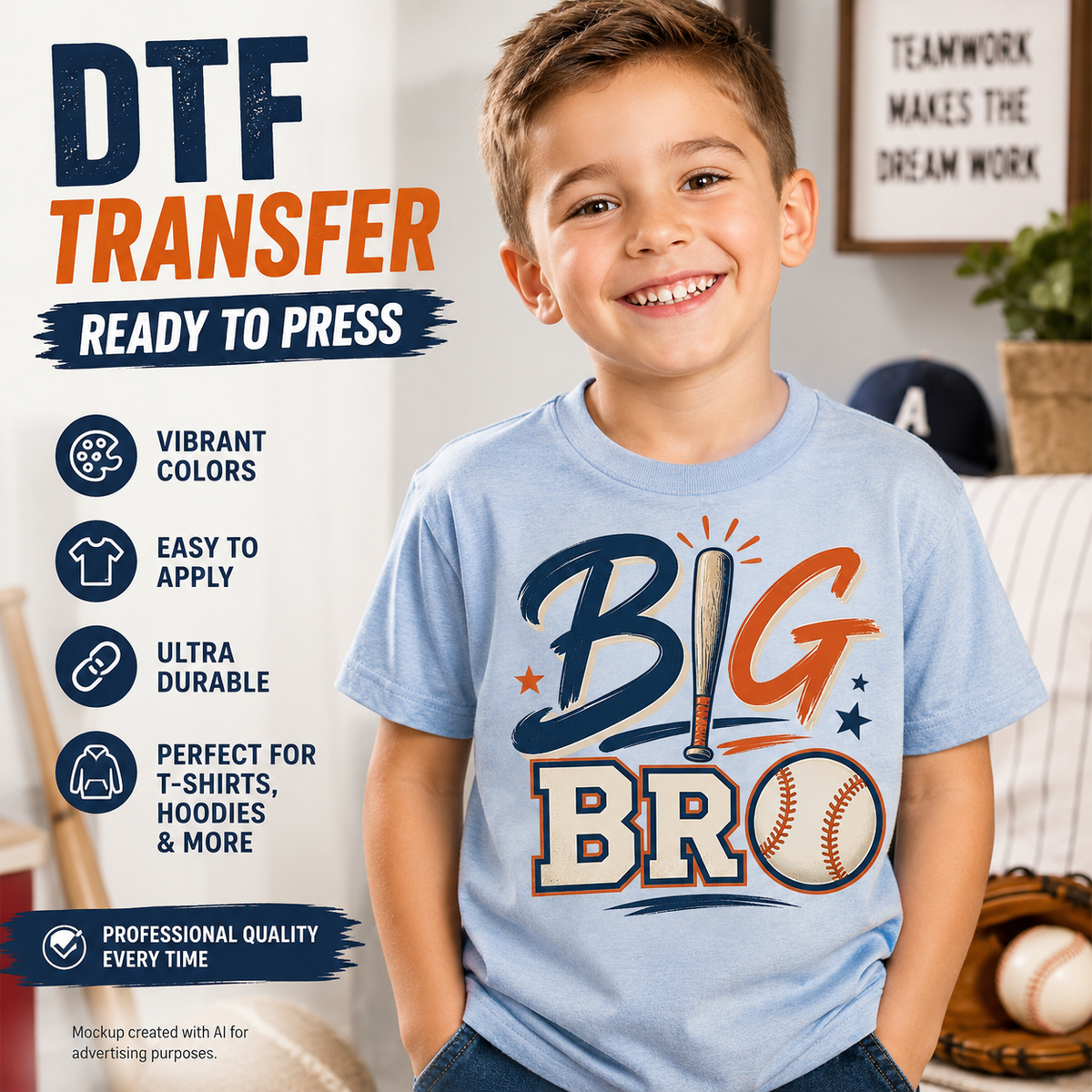 Big Bro baseball DTF transfer shown on a light blue youth T-shirt mockup with baseball bat, ball, stars, and navy and orange lettering.