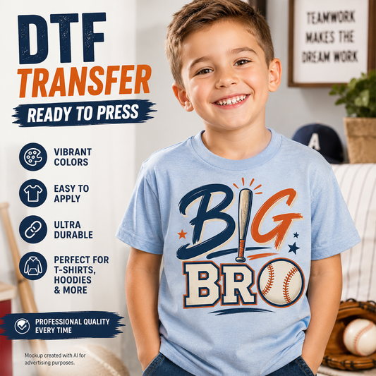 Big Bro baseball DTF transfer shown on a light blue youth T-shirt mockup with baseball bat, ball, stars, and navy and orange lettering.