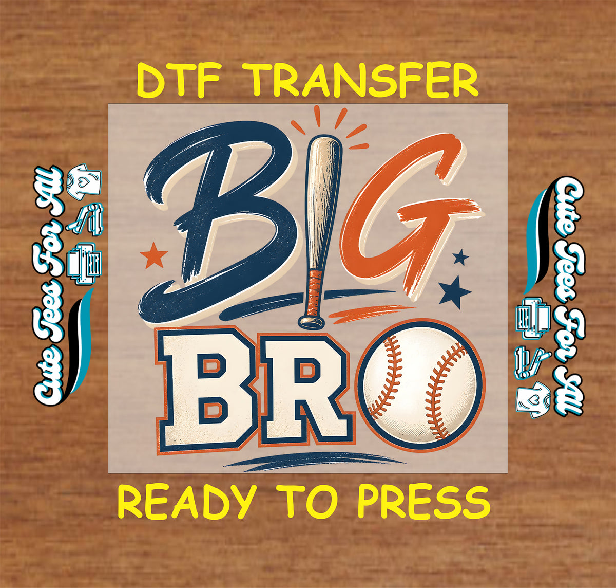 Big Bro baseball DTF transfer design featuring bold navy and orange lettering, baseball bat, baseball, stars, and sporty accents.