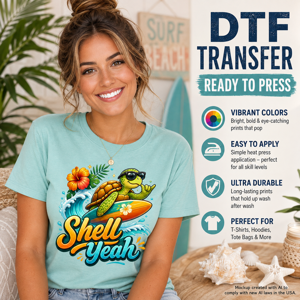 Shell Yeah sea turtle DTF transfer shown on an aqua T-shirt mockup with surfing turtle, ocean waves, tropical flower, and colorful beach design.