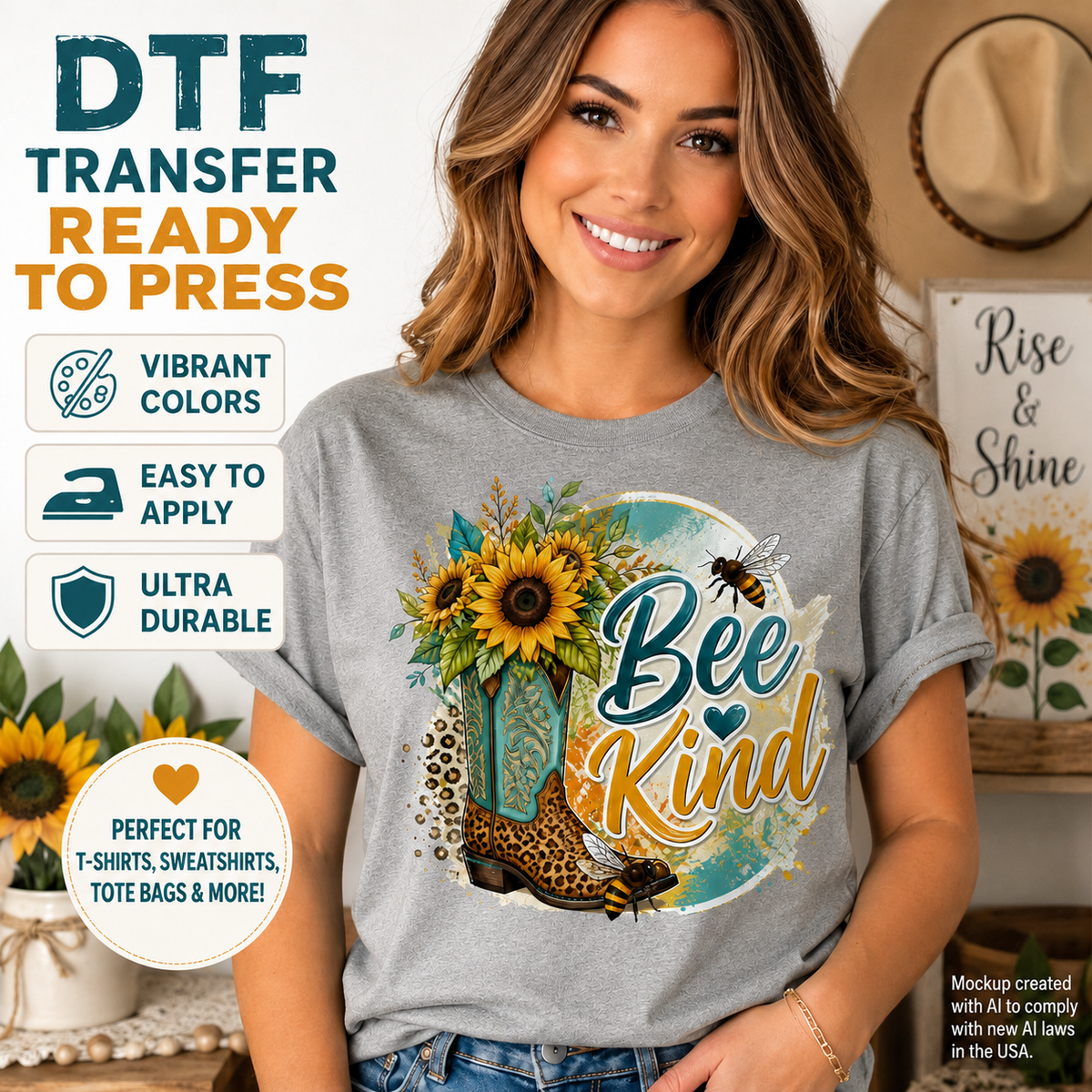 Bee Kind DTF transfer shown on a gray T-shirt mockup with sunflower cowboy boots, bees, leopard-print accents, and teal and gold lettering.