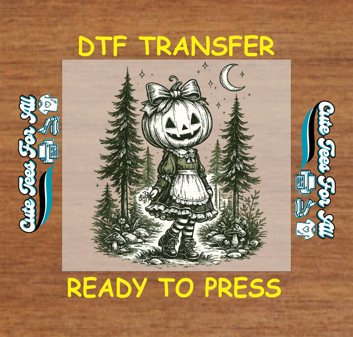 Vintage Halloween DTF transfer design featuring a pumpkin-headed girl with bow, pine forest, crescent moon, mushrooms, and spooky fall details.