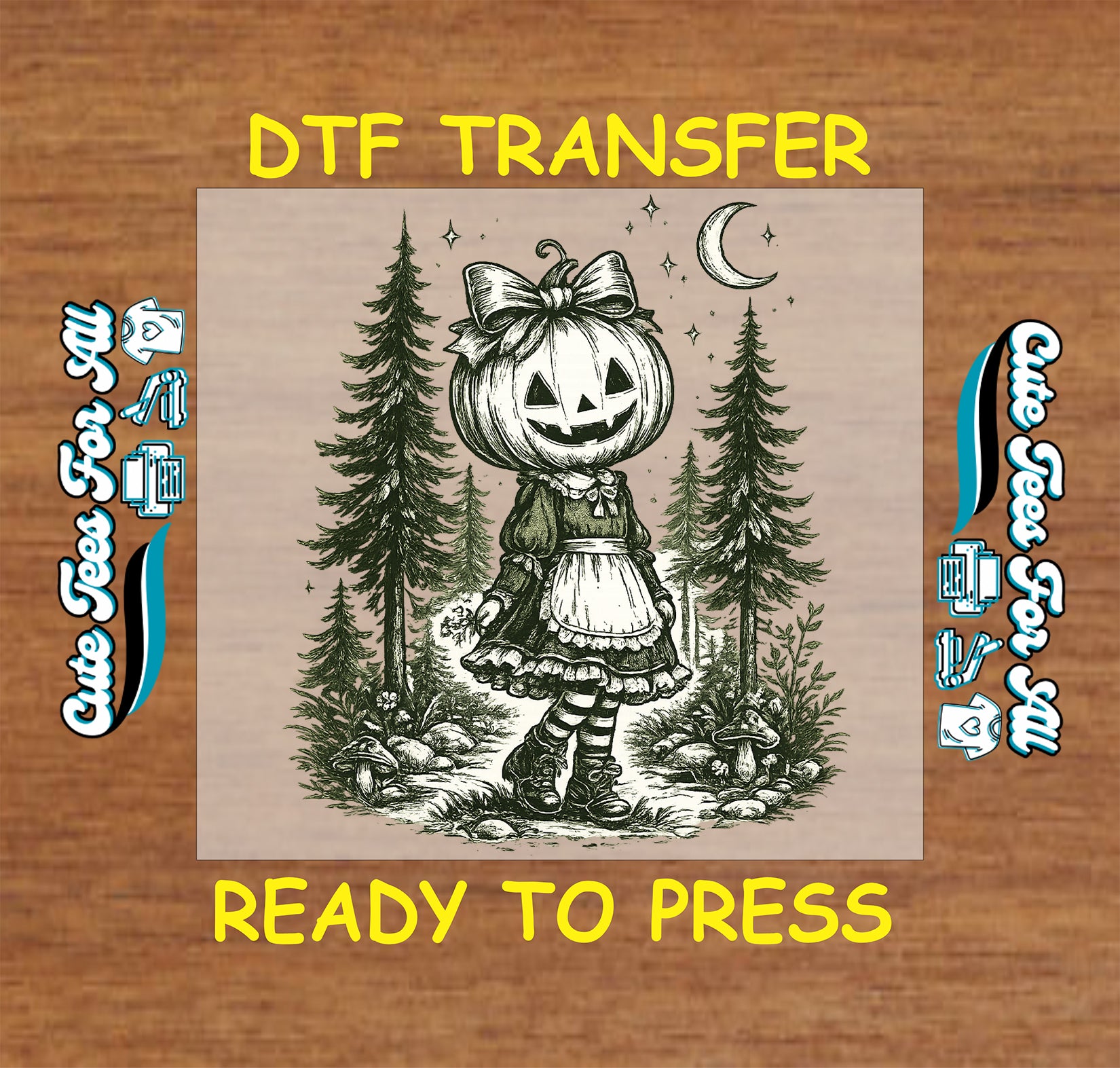 Vintage Halloween DTF transfer design featuring a pumpkin-headed girl with bow, pine forest, crescent moon, mushrooms, and spooky fall details.