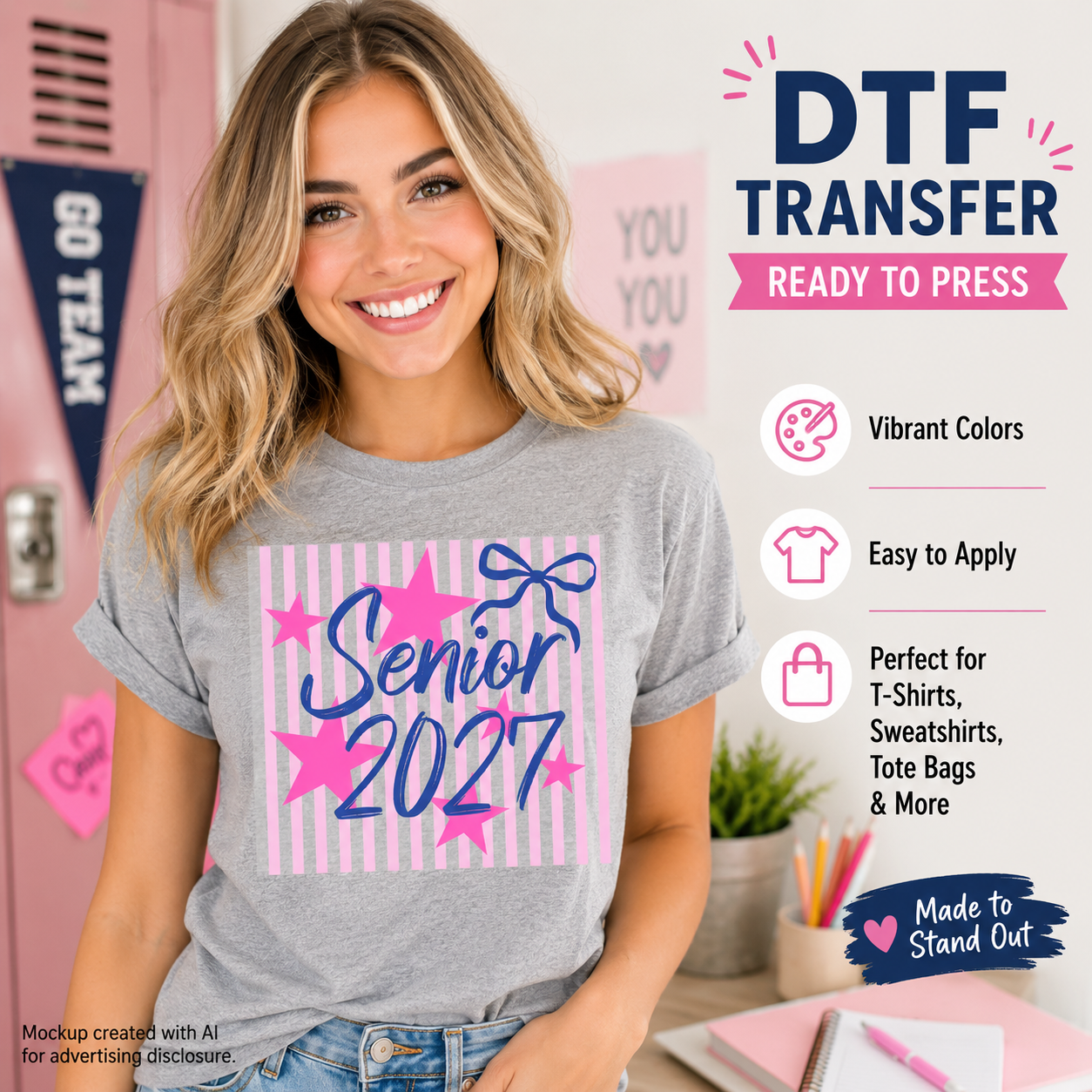 Senior 2027 DTF transfer shown on a gray T-shirt mockup with pink stripes, stars, navy lettering, and decorative bow.