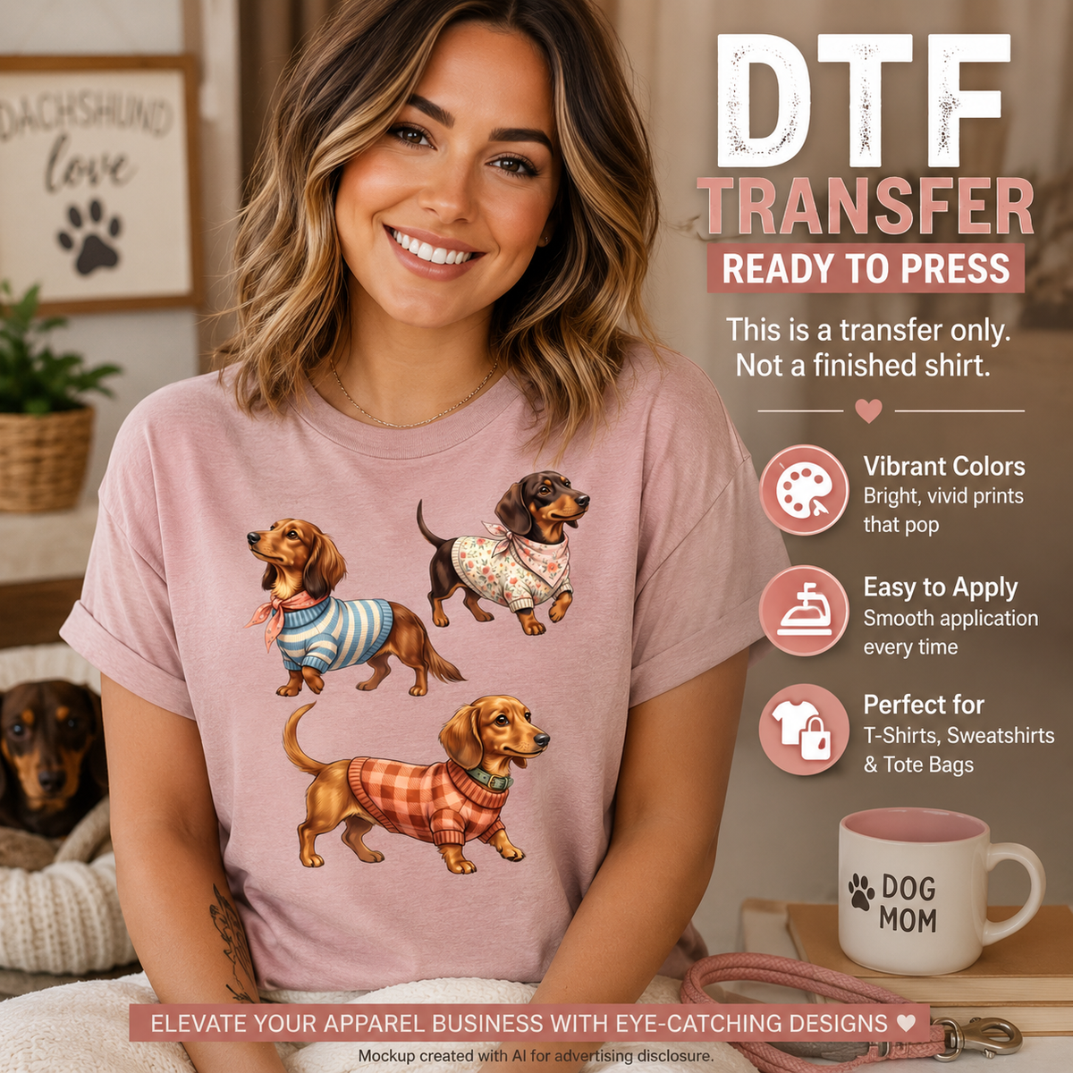 Dachshund DTF transfer shown on a pink T-shirt mockup featuring three cute dachshunds wearing cozy sweaters and bandanas.