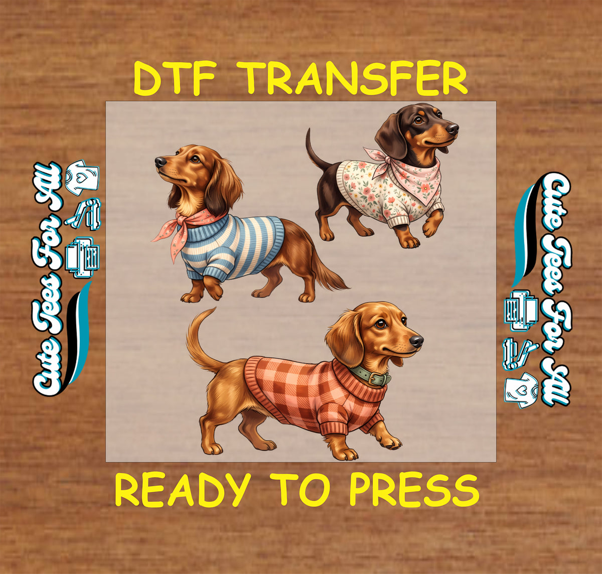 Cute dachshund DTF transfer design featuring three dachshund dogs wearing striped, floral, and plaid outfits.