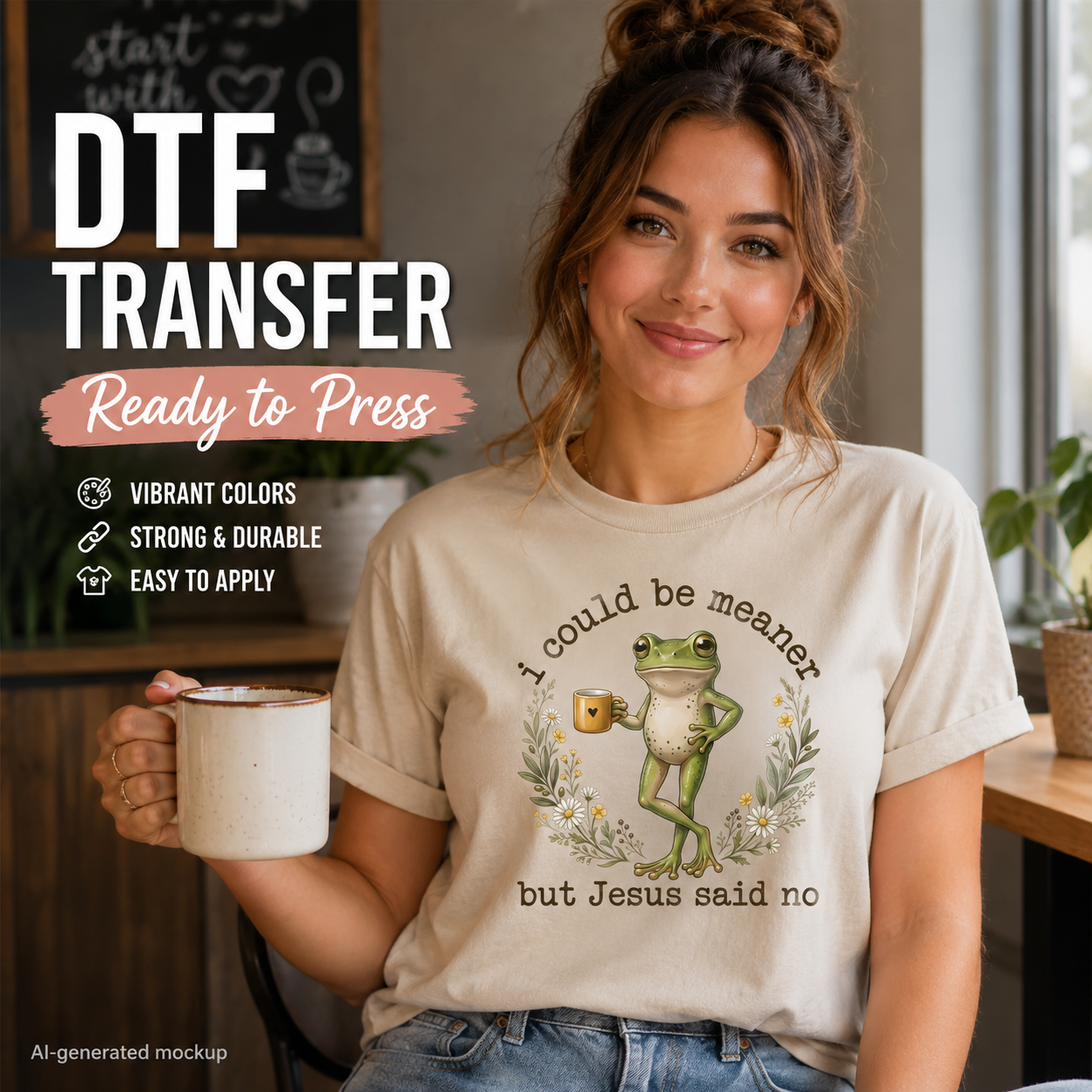 I Could Be Meaner But Jesus Said No DTF transfer shown on a cream T-shirt mockup with a cute frog holding a coffee mug and floral details.