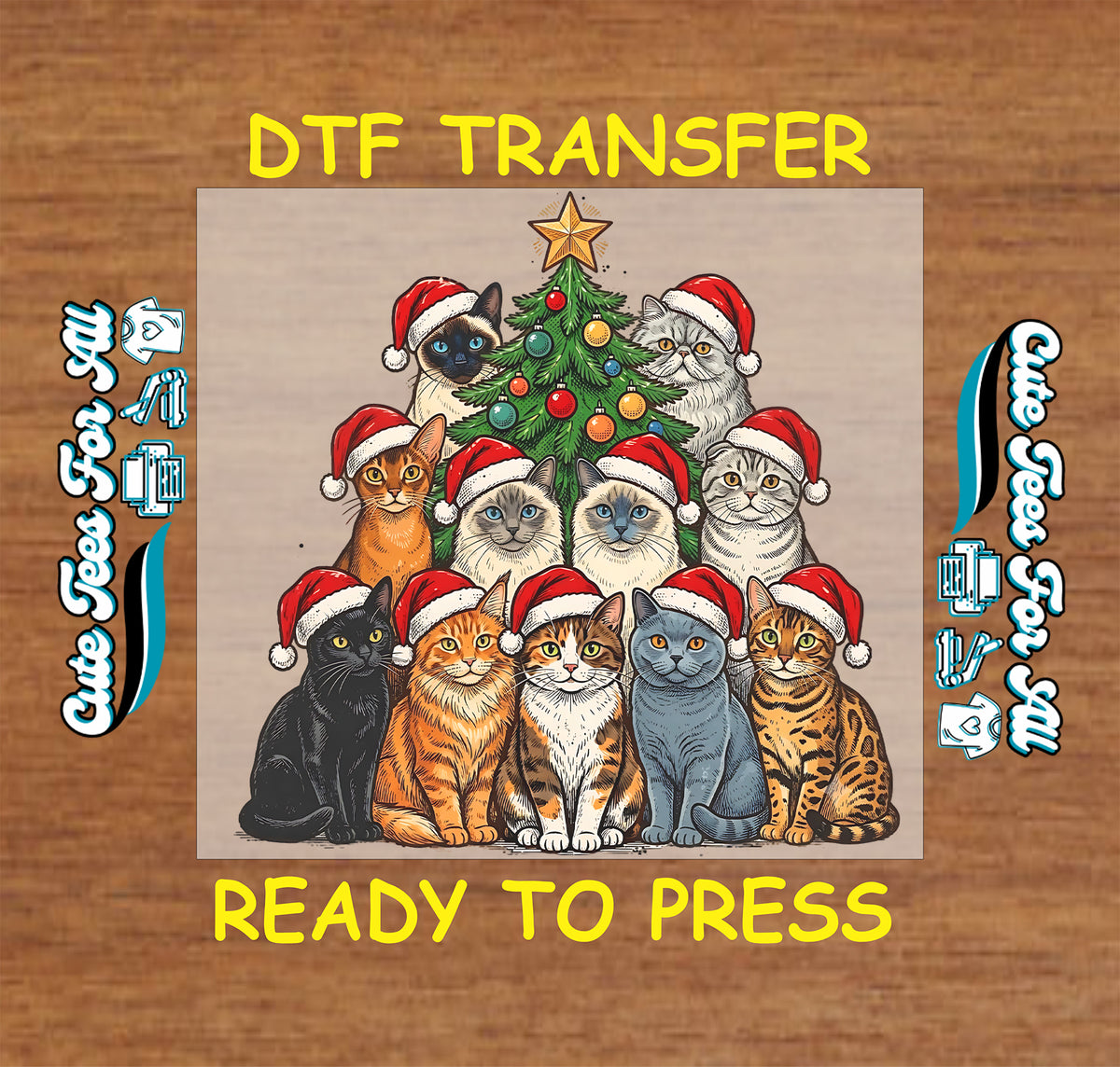 Christmas cat DTF transfer design featuring a group of cats wearing red Santa hats with a decorated Christmas tree and star.
