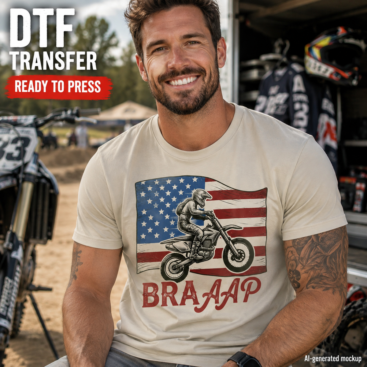 BRAAAP dirt bike DTF transfer shown on a cream T-shirt mockup featuring a motocross rider and distressed American flag design.