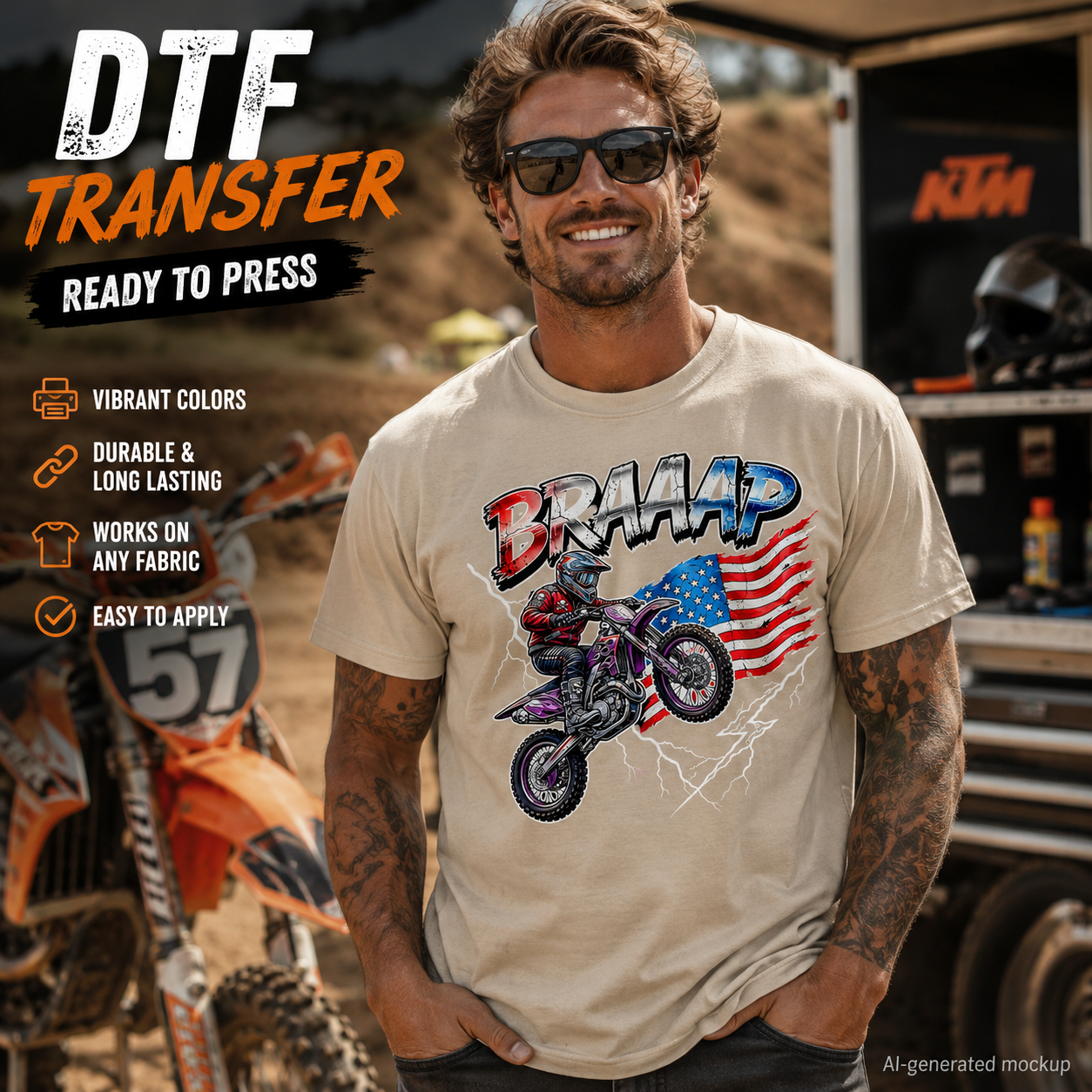A man wearing a beige t-shirt with a motocross graphic and the word 'BRAAP' in a dusty outdoor setting with an orange dirt bike and a truck in the background. Text overlays on the left describe the t-shirt transfer features.