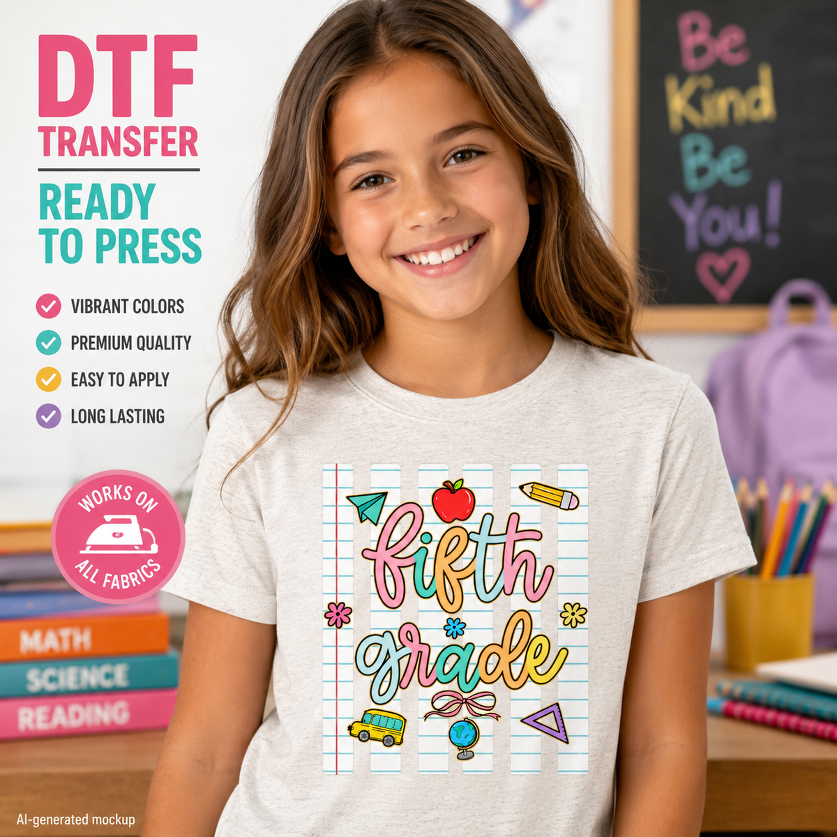 Fifth Grade DTF transfer shown on a light gray T-shirt mockup with colorful school-themed graphics including an apple, pencil, bus, globe, and paper airplane.