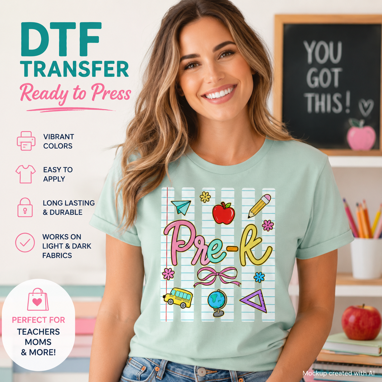 Pre-K DTF transfer shown on a mint green T-shirt mockup with colorful school graphics including apple, pencil, bus, globe, bow, and paper airplane.