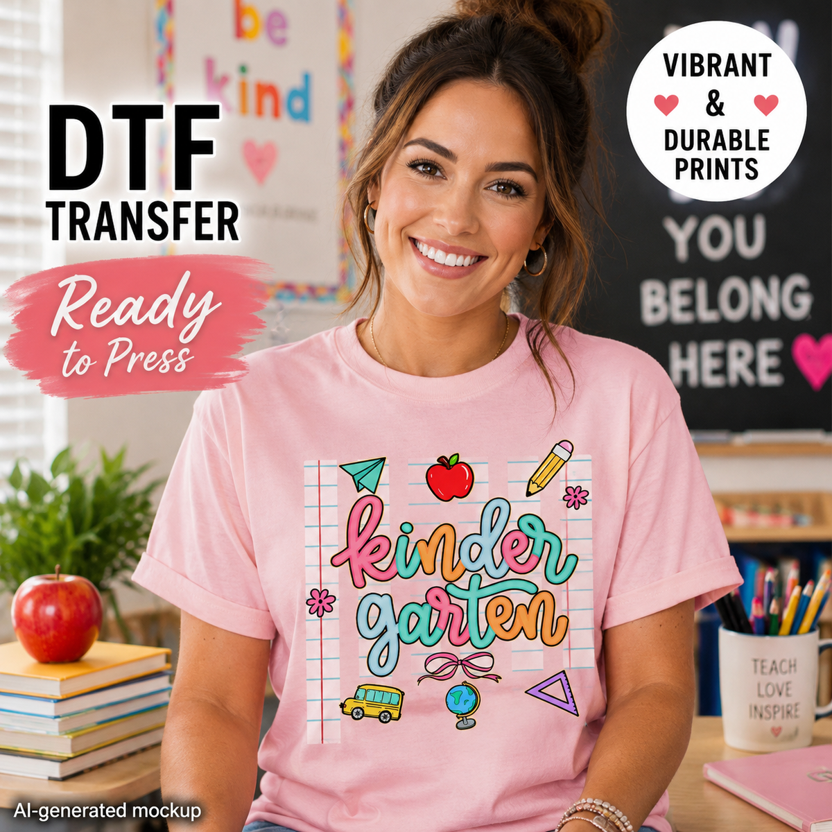 A smiling woman in a pink classroom setting wears a light pink T-shirt with a colorful 'Kinder Garden' graphic. The image includes promotional text overlays reading 'DTF TRANSFER', 'Ready to Press', and 'Vibrant & Durable Prints'.