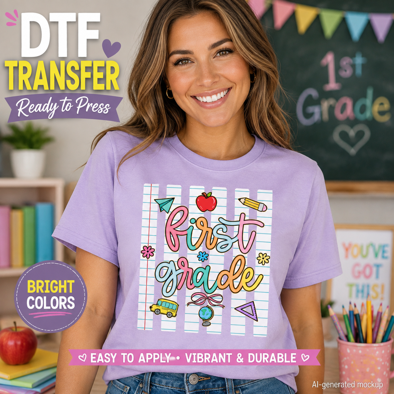 First Grade DTF transfer shown on a lavender T-shirt mockup with colorful school graphics including apple, pencil, paper airplane, school bus, globe, bow, and flowers.