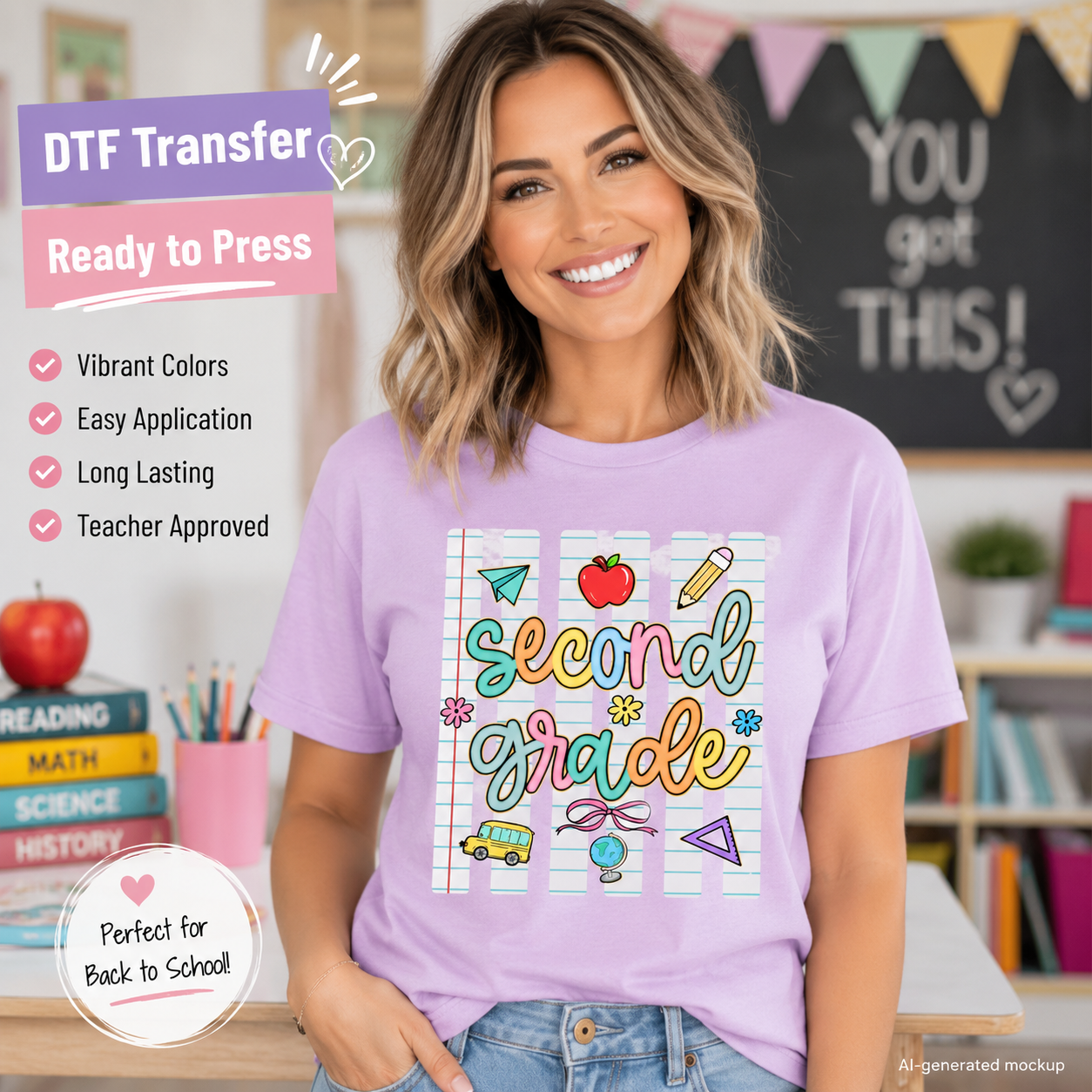 Second Grade DTF transfer shown on a lavender T-shirt mockup with colorful school graphics including apple, pencil, paper airplane, school bus, globe, bow, and flowers.