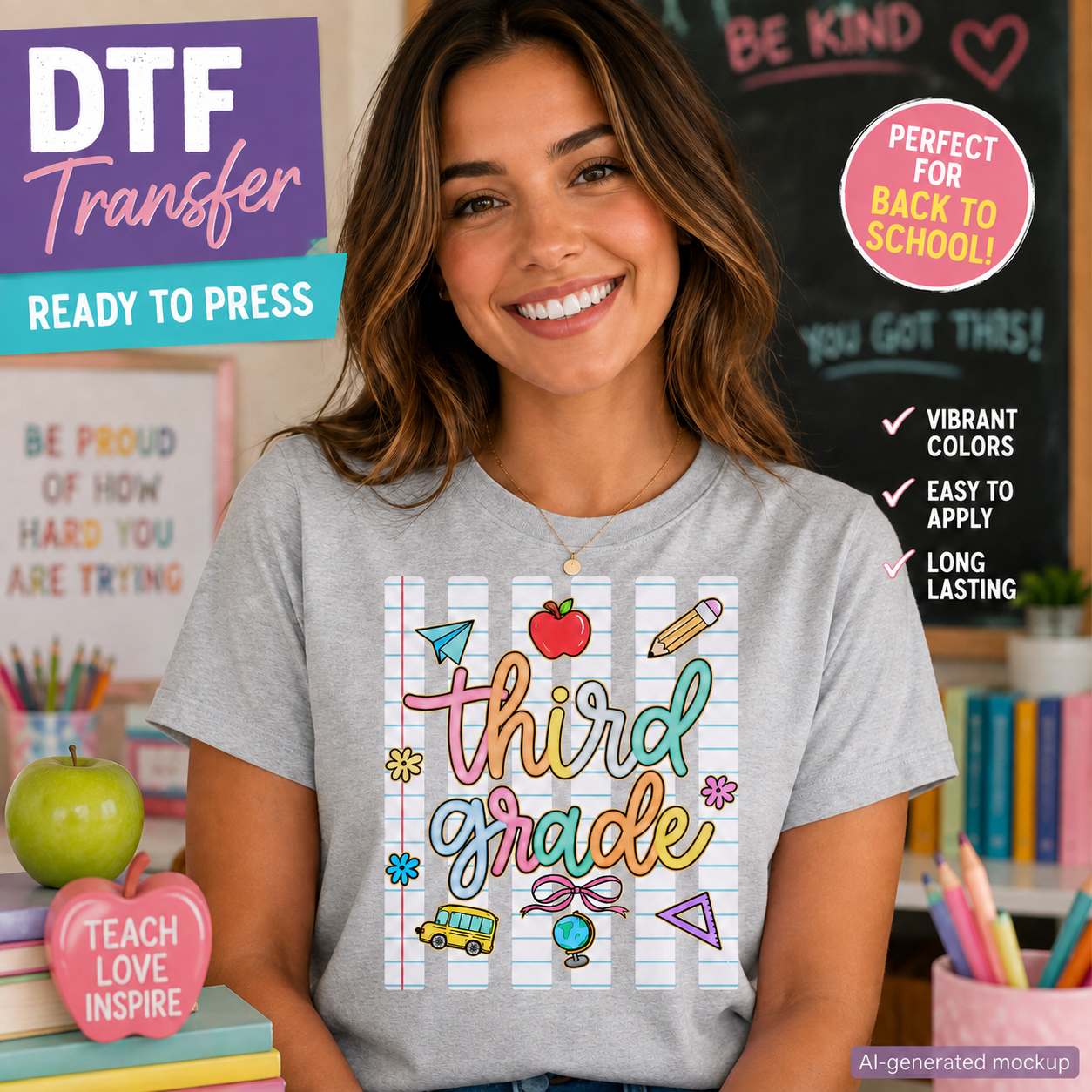 Third Grade DTF transfer shown on a gray T-shirt mockup with colorful school graphics including apple, pencil, paper airplane, school bus, globe, bow, and flowers.