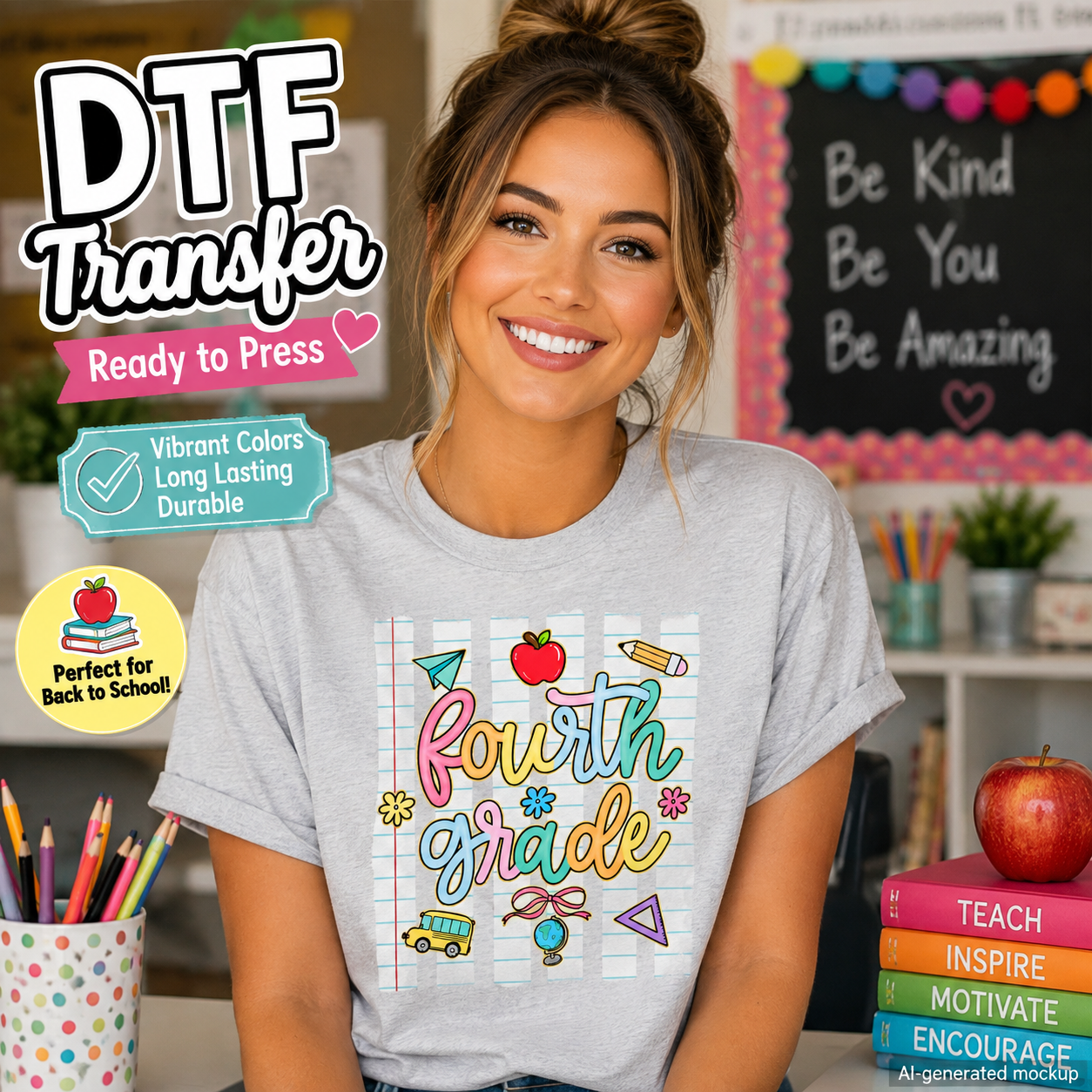 Fourth Grade DTF transfer shown on a light gray T-shirt mockup with colorful school graphics including apple, pencil, paper airplane, school bus, globe, bow, and flowers.