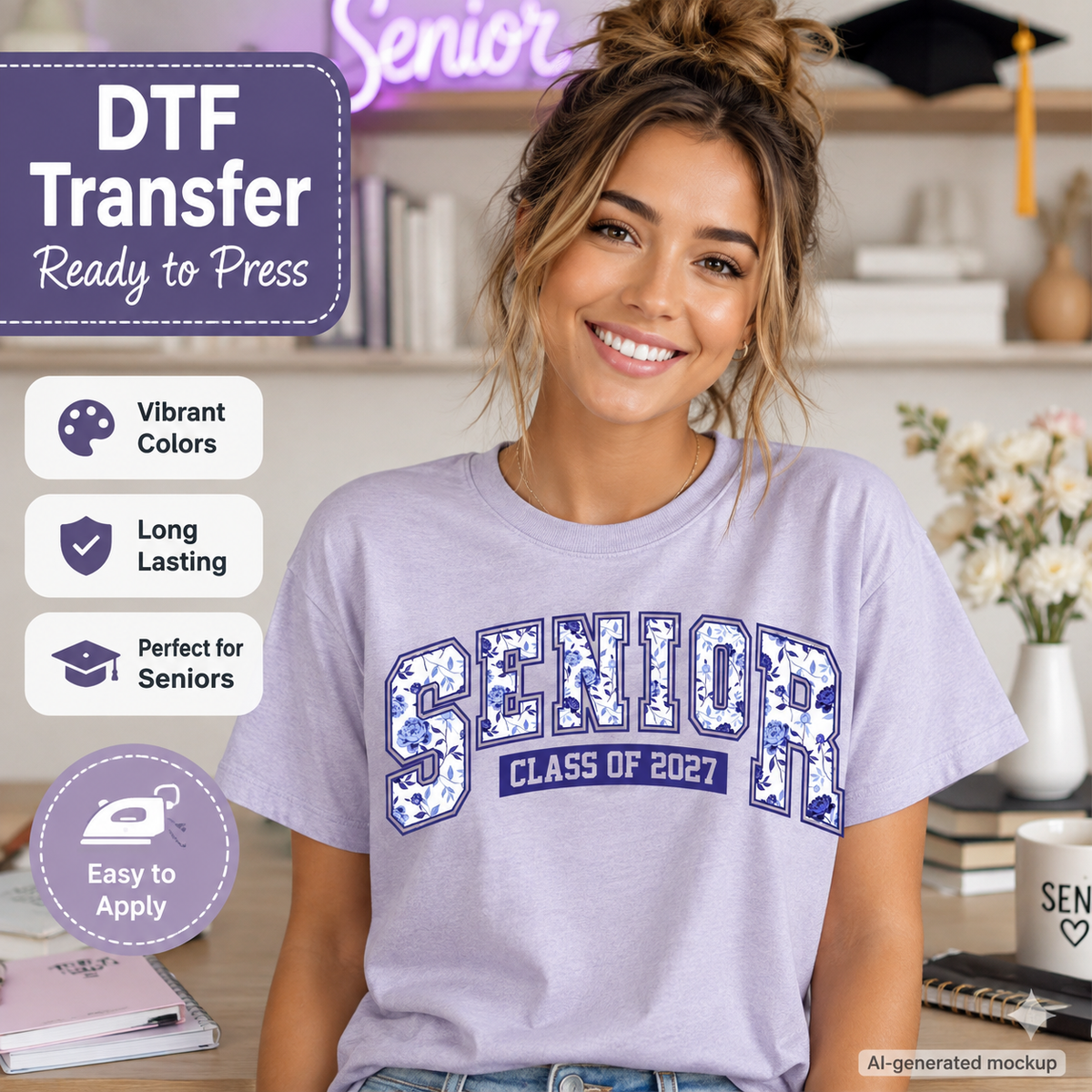A smiling young woman wearing a light lavender-gray t-shirt with a blue and white patterned 'SENIOR CLASS OF 2027' graphic. The image is a promotional mockup with text overlays highlighting features of a DTF (Direct to Film) transfer, including 'Vibrant Colors', 'Long Lasting', and 'Easy to Apply'.