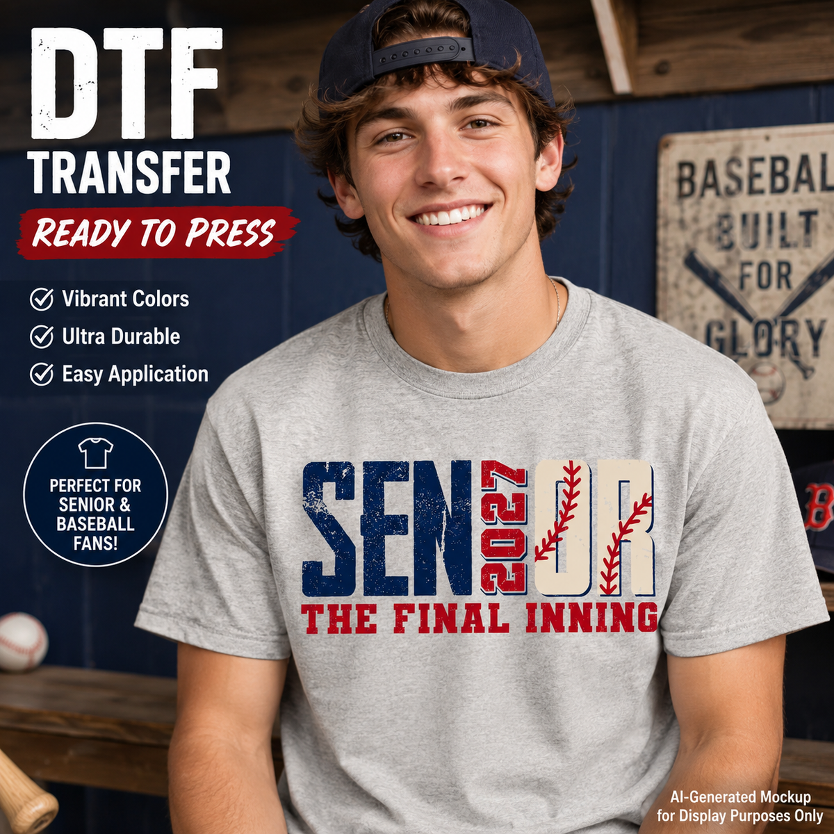 A smiling young man wearing a gray T-shirt with a baseball-themed graphic that reads 'SENIOR 2025 THE FINAL INNING' in blue, red, and white. The background is a dimly lit baseball room with a wooden sign reading 'BASEBALL BUILT FOR GLORY.