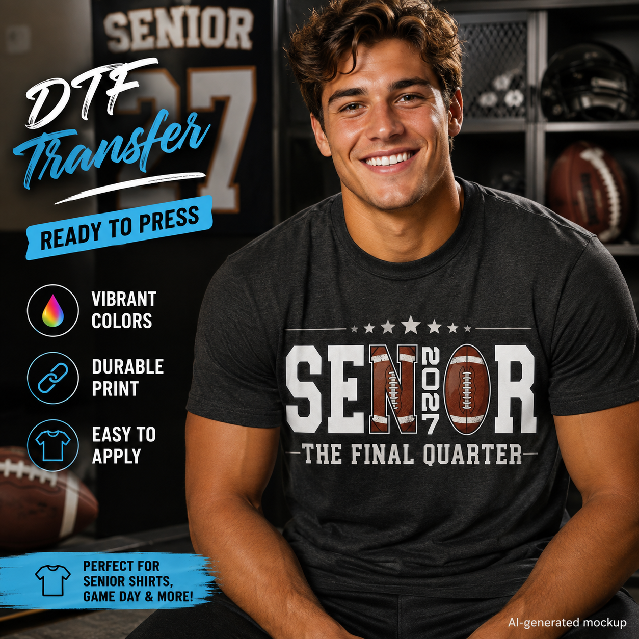 A smiling man wearing a dark gray t-shirt with a 'SENIOR 2027 THE FINAL QUARTER' graphic, set against a sports locker room background. The image includes promotional text overlays for 'DTF Transfer' highlighting its vibrant colors, durable print, and ease of application.