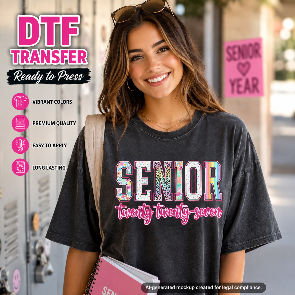 Senior 2027 DTF transfer shown on a charcoal T-shirt mockup with colorful patterned varsity lettering and bright pink script.