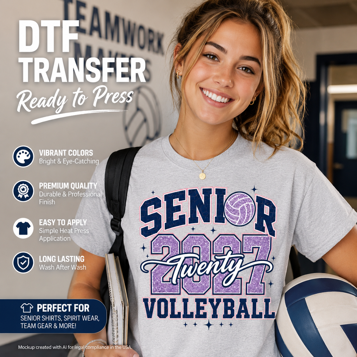 Senior 2027 Volleyball DTF transfer shown on a gray T-shirt mockup with navy varsity lettering, purple glitter-style numbers, and volleyball graphic.