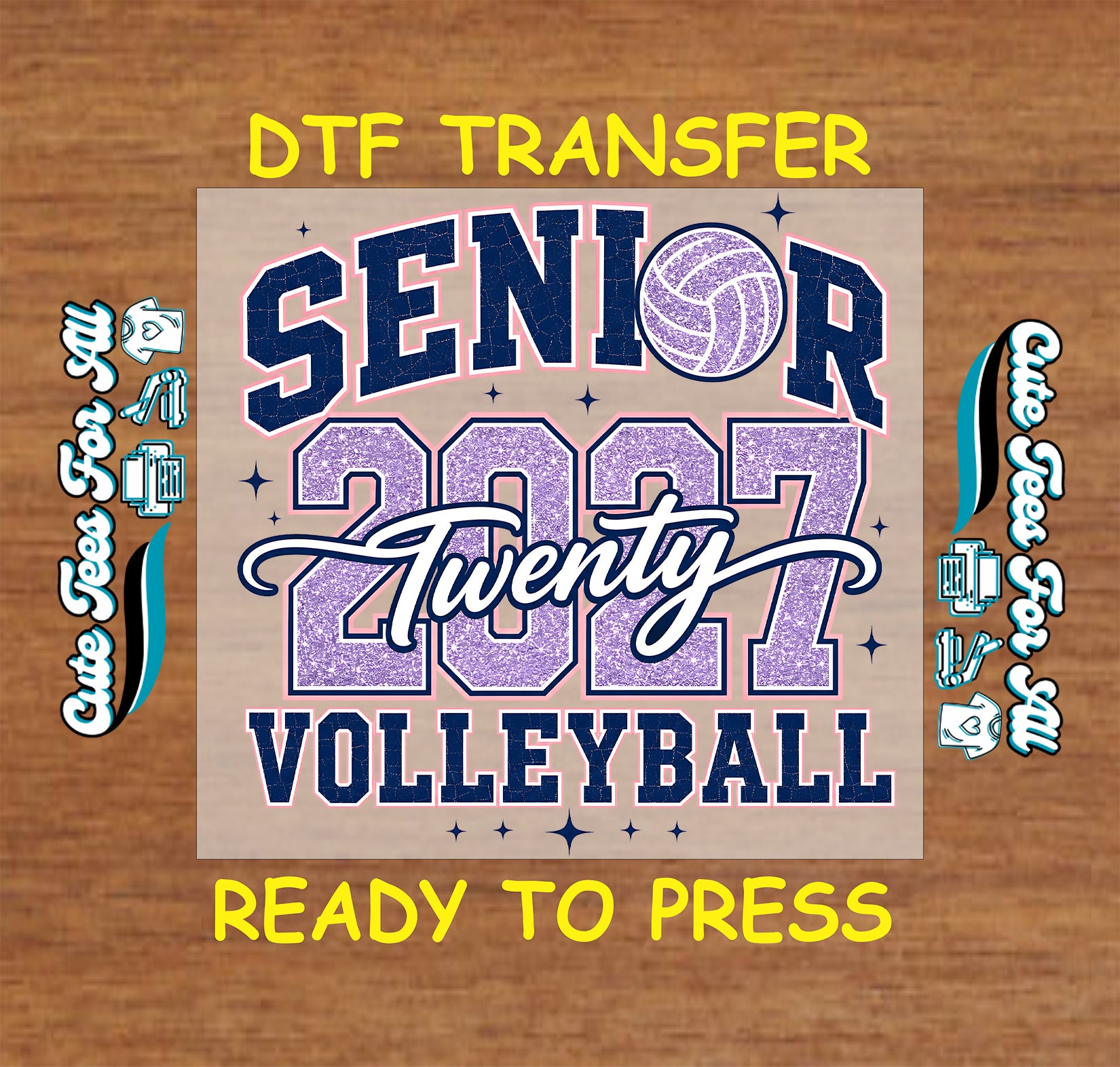 Senior 2027 Volleyball DTF transfer design featuring navy varsity lettering, purple 2027 numbers, volleyball graphic, stars, and script accents.