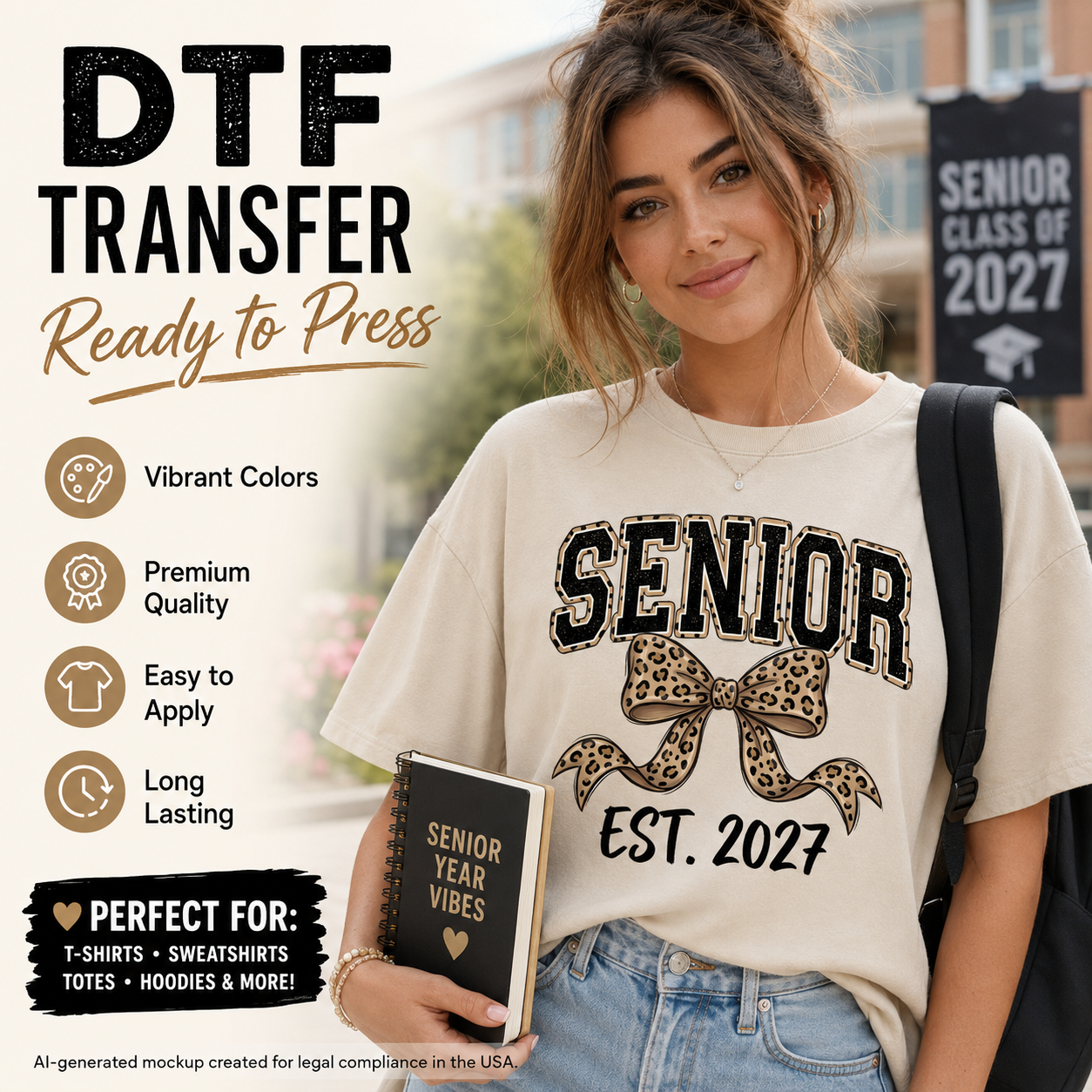 Senior 2027 DTF transfer shown on a cream T-shirt mockup with black varsity lettering, leopard-print accents, large bow, and EST. 2027 text.