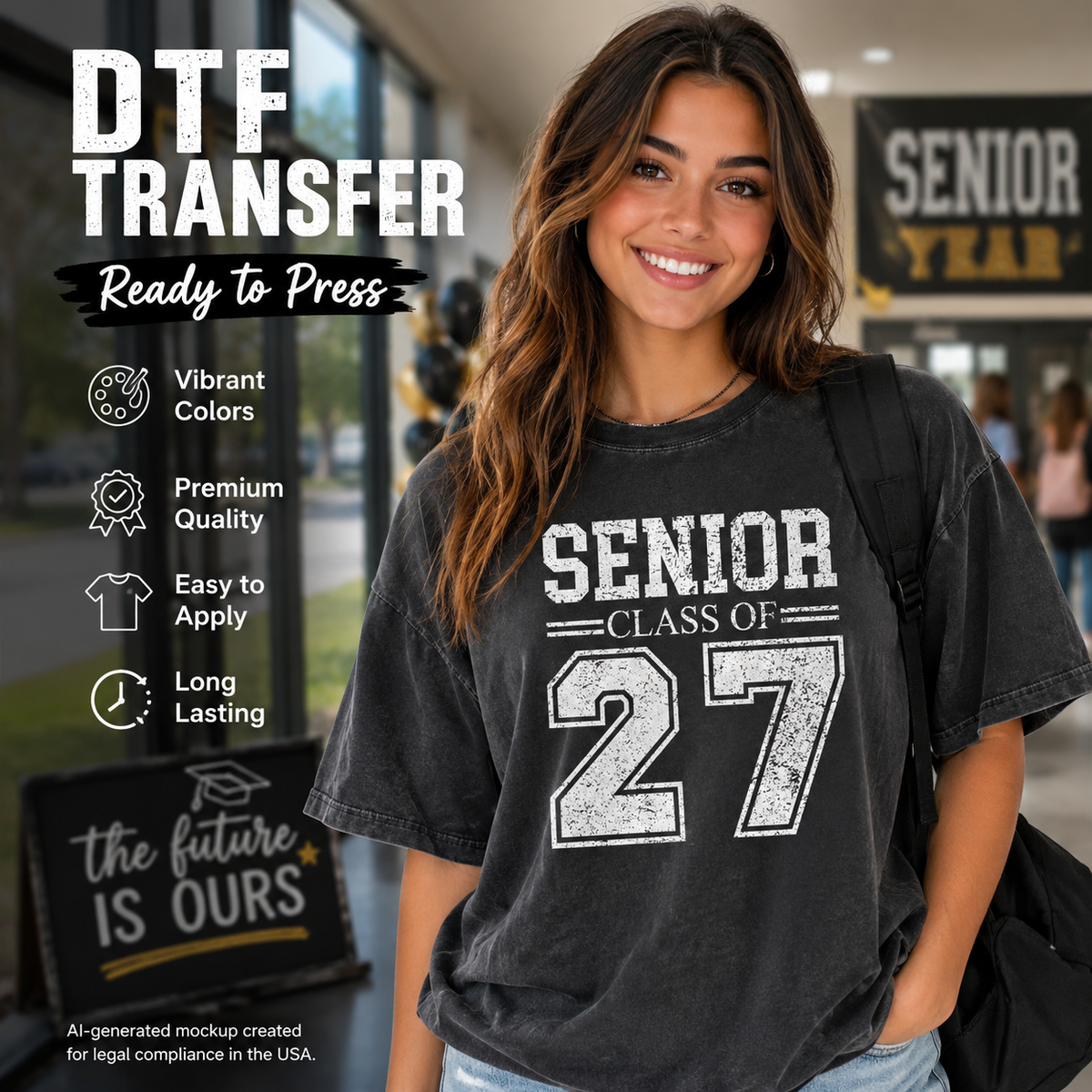 Senior Class of 2027 DTF transfer shown on a charcoal T-shirt mockup with distressed white varsity lettering and large 27 numbers.