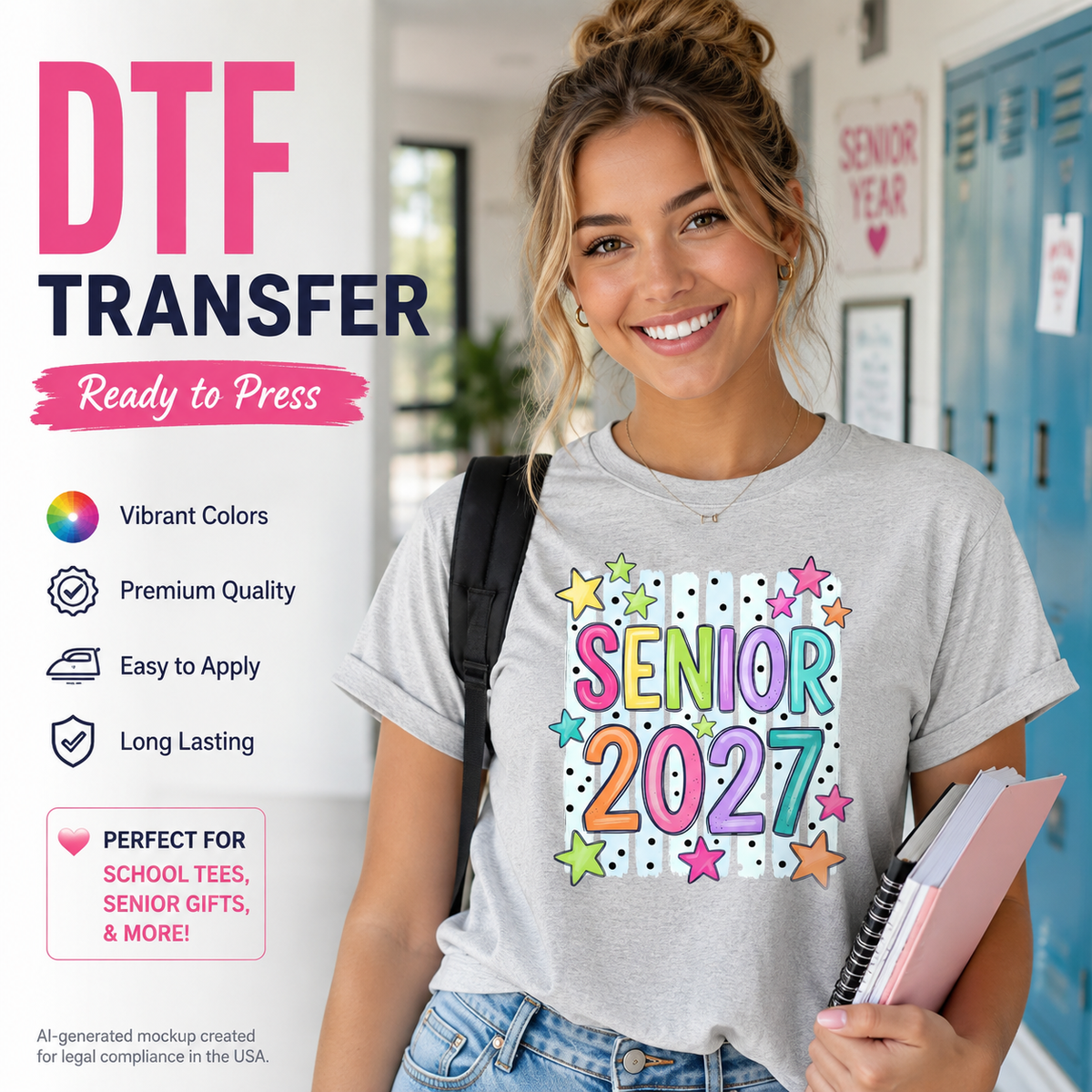 A smiling young woman stands in a school hallway wearing a light gray T-shirt with a colorful 'SENIOR 2027' graphic. Large promotional text on the left reads 'DTF TRANSFER Ready to Press' with feature callouts like vibrant colors, premium quality, easy to apply, and long lasting.