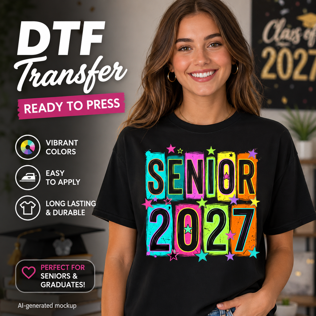 Woman wearing a black T-shirt featuring a colorful Senior 2027 graduation design with bright neon lettering and star accents.