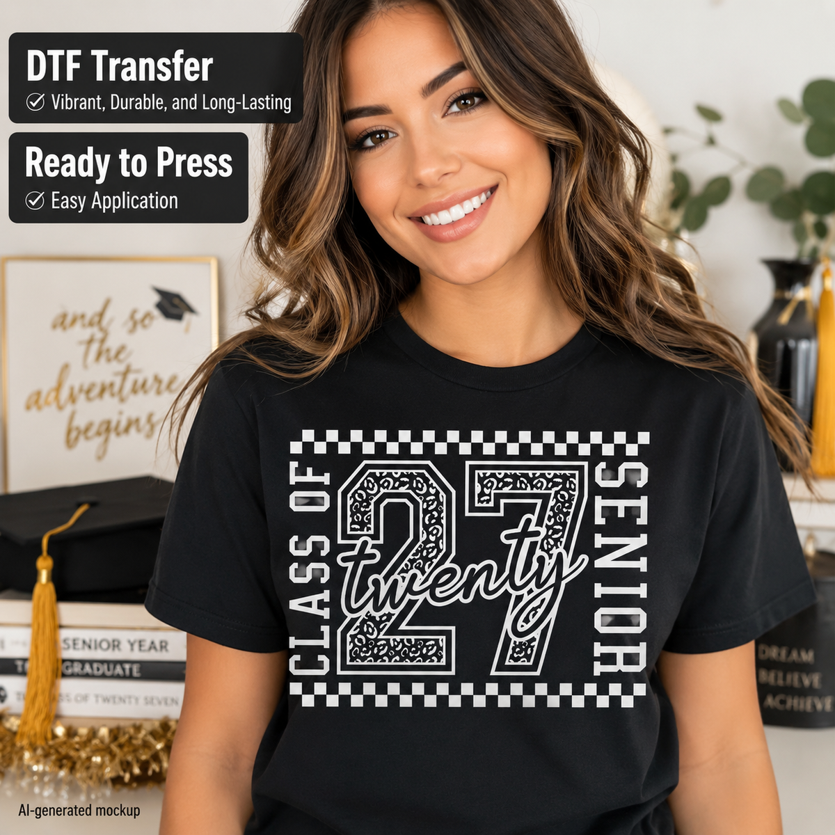 Woman wearing a black T-shirt with a black and white Class of 27 Senior graduation design featuring leopard-print numbers and checkerboard accents.