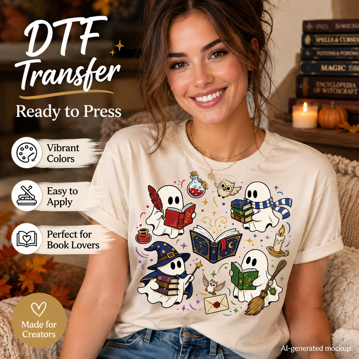Woman wearing a cream T-shirt featuring cute reading ghosts with books, owls, potions, wizard accessories, and colorful magical accents.