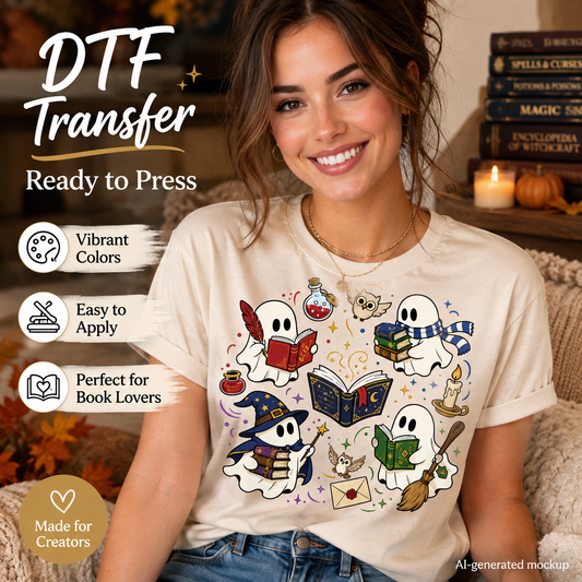 Woman wearing a cream T-shirt featuring cute reading ghosts with books, owls, potions, wizard accessories, and colorful magical accents.