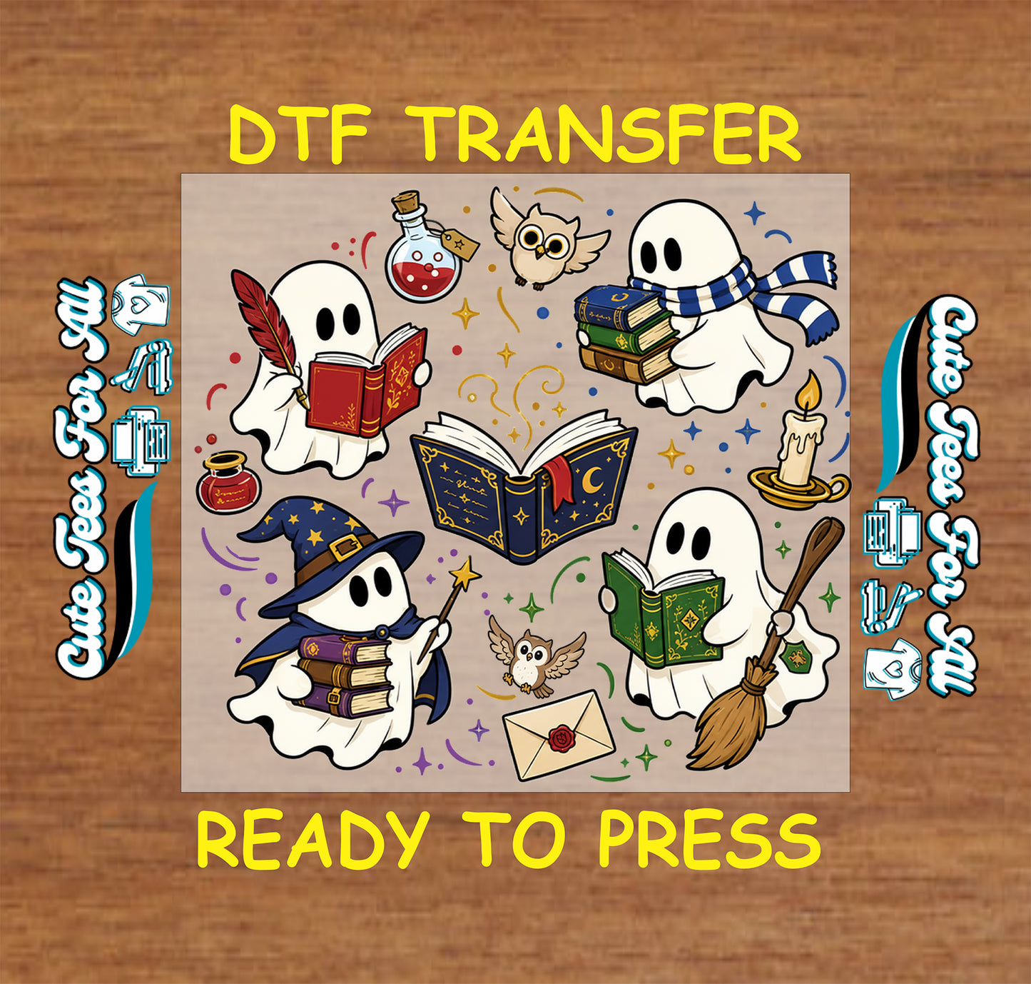 Cute ghost book lover DTF transfer featuring reading ghosts, magical books, owls, potion bottles, broom, candle, and wizard-themed details.