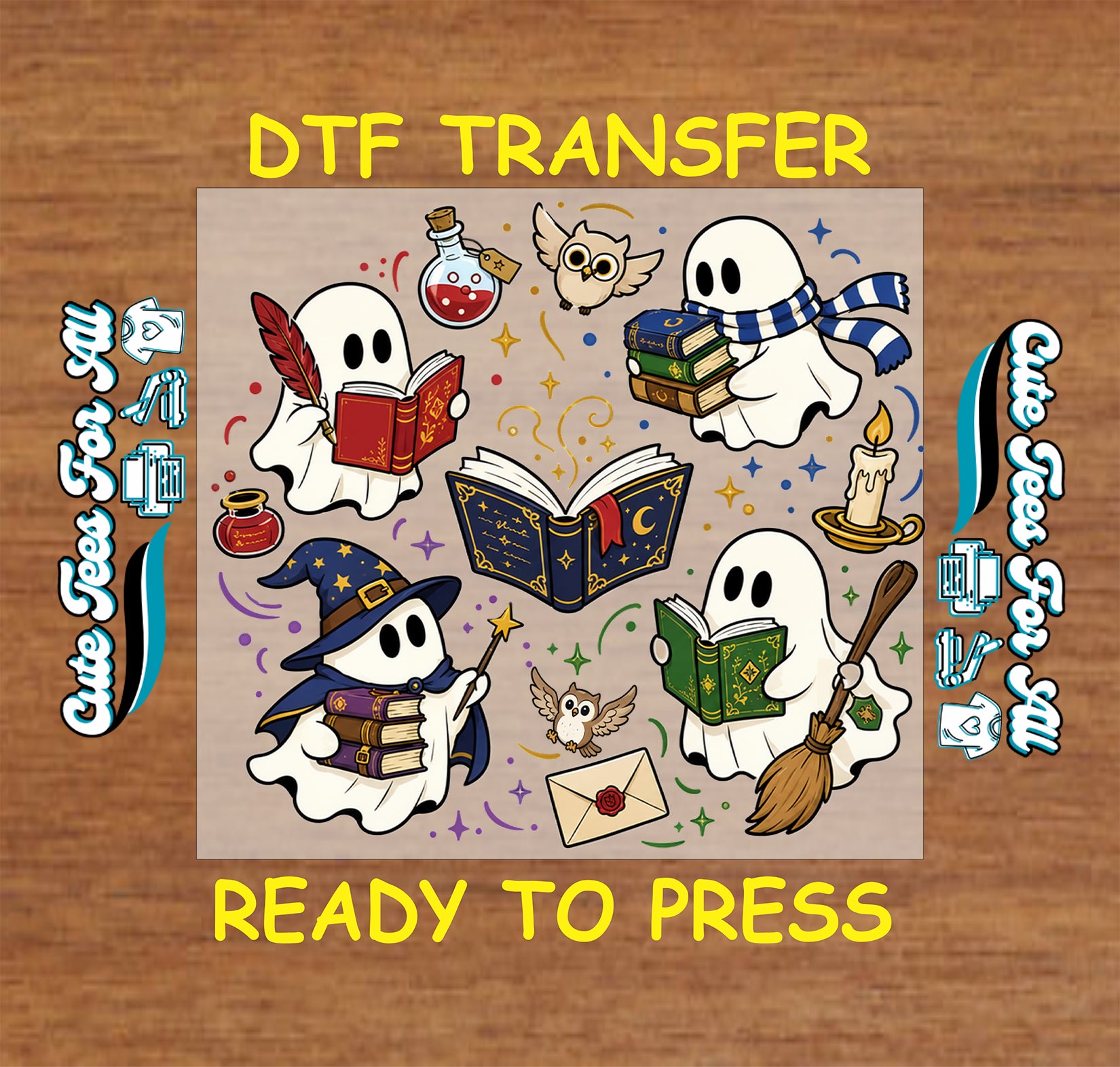 Cute ghost book lover DTF transfer featuring reading ghosts, magical books, owls, potion bottles, broom, candle, and wizard-themed details.