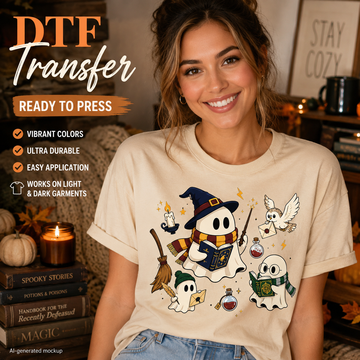 Woman wearing a cream T-shirt featuring cute wizard ghosts reading books with owls, potions, broomsticks, candles, and magical Halloween accents.