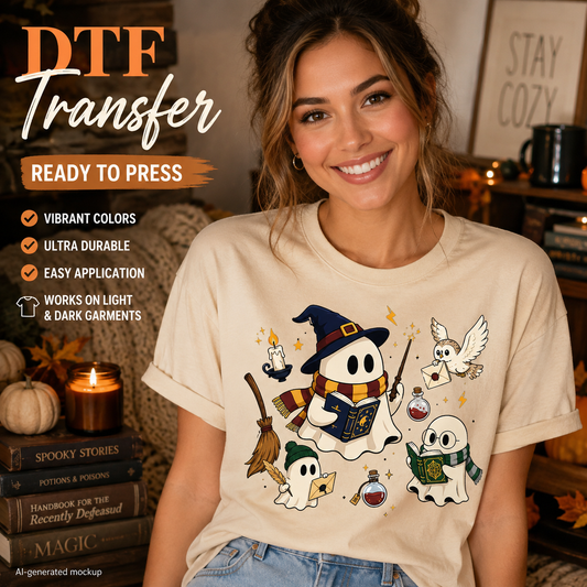 Woman wearing a cream T-shirt featuring cute wizard ghosts reading books with owls, potions, broomsticks, candles, and magical Halloween accents.