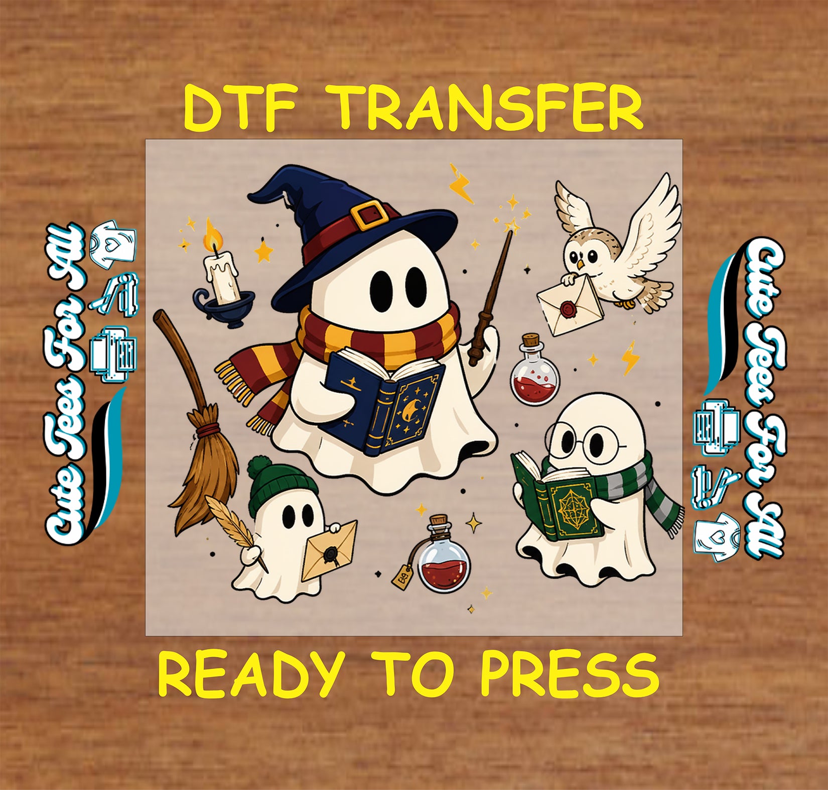 Cute wizard ghost book lover DTF transfer featuring reading ghosts, owls, potions, broomsticks, candles, and magical Halloween details.