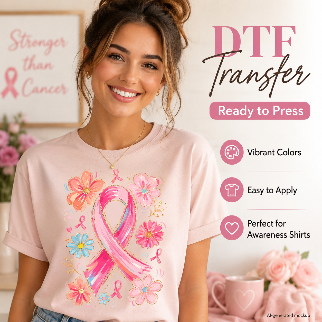 Woman wearing a light pink T-shirt featuring a large pink breast cancer awareness ribbon surrounded by colorful floral accents and smaller pink ribbons.
