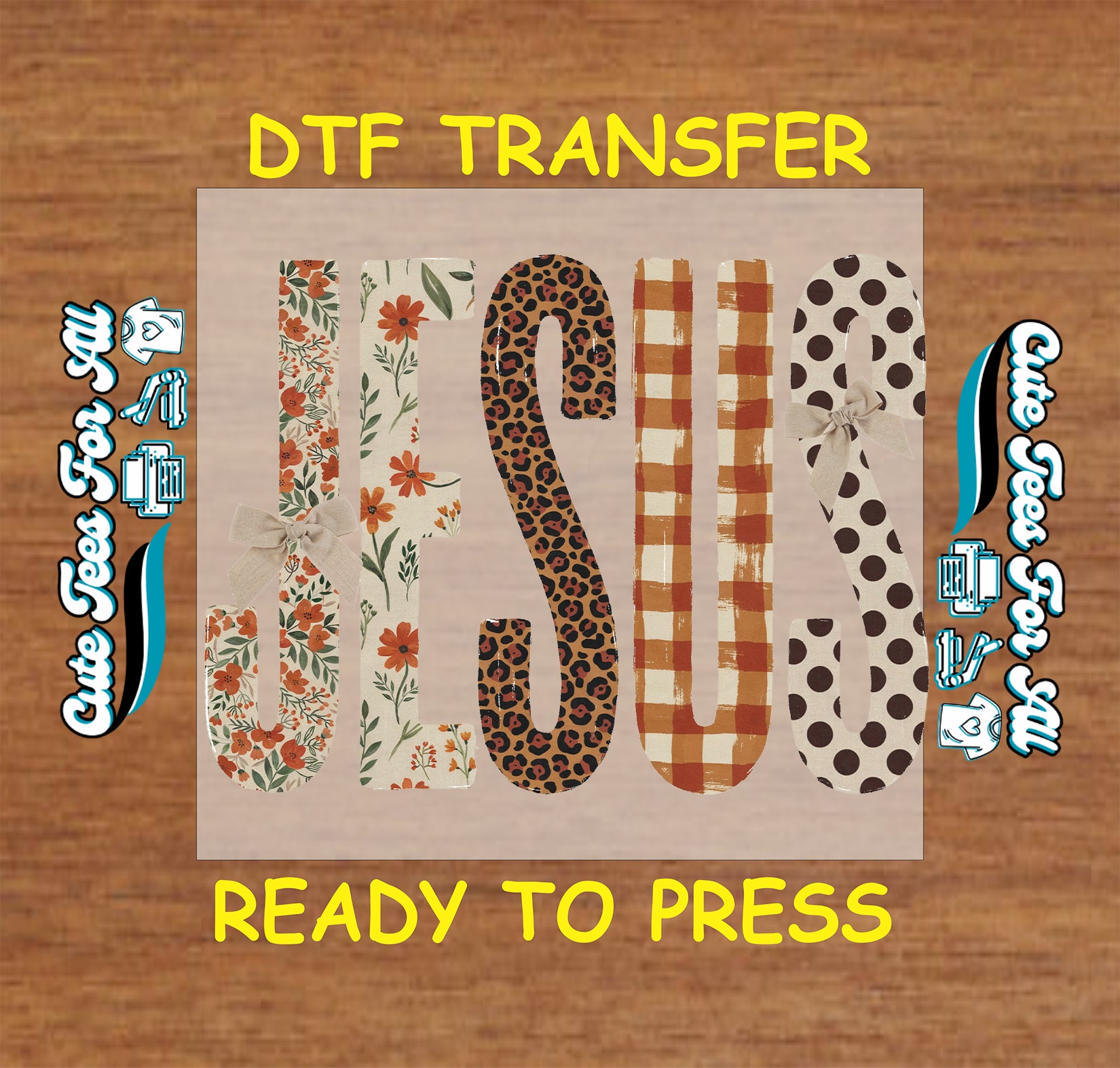 Jesus DTF transfer with floral, leopard print, orange gingham, polka dot lettering, and decorative bows in a fall Christian design.