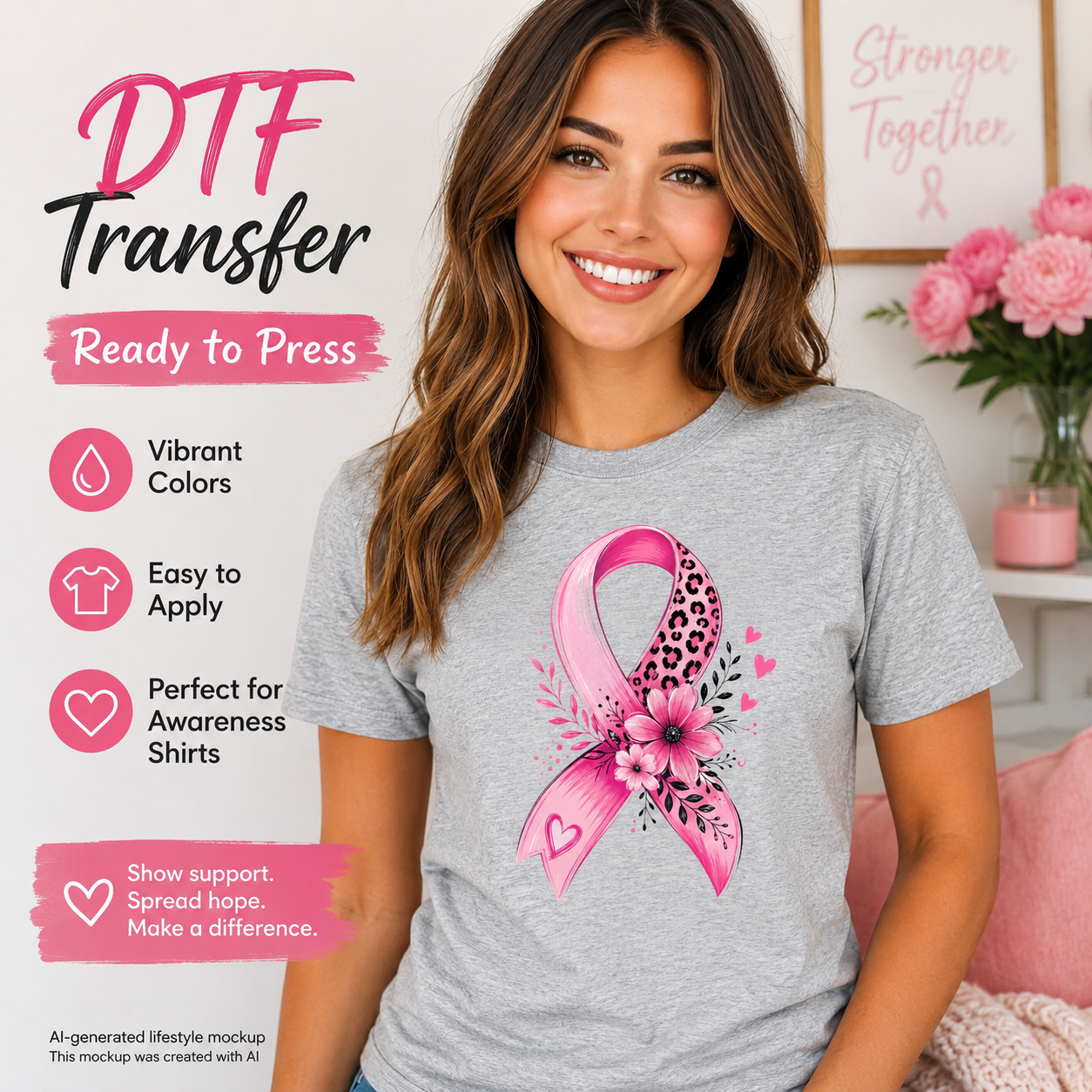 Woman wearing a gray T-shirt featuring a pink breast cancer awareness ribbon with leopard print, flowers, hearts, and greenery.