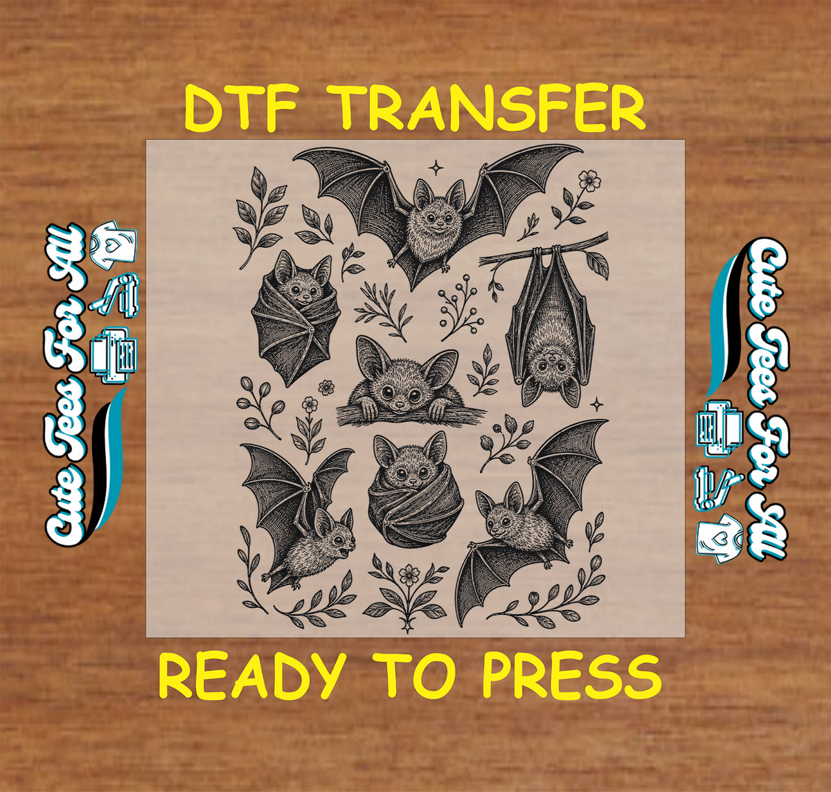Vintage bat Halloween DTF transfer featuring multiple black bats with botanical leaves and floral details in a gothic design.
