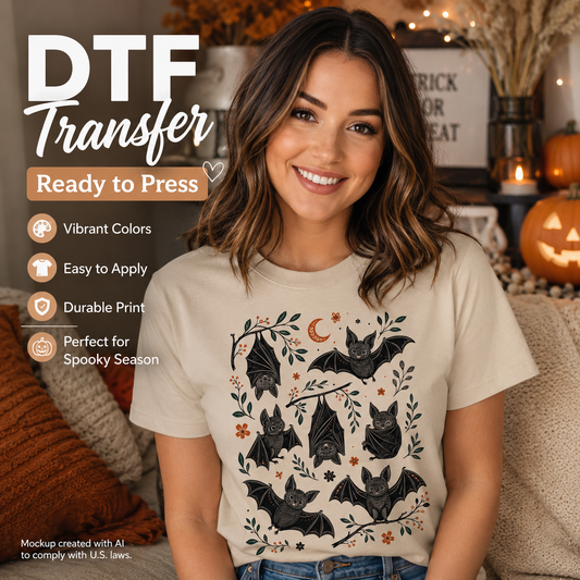 Woman wearing a cream T-shirt featuring cute black bats with botanical branches, orange flowers, green leaves, and a crescent moon Halloween design.