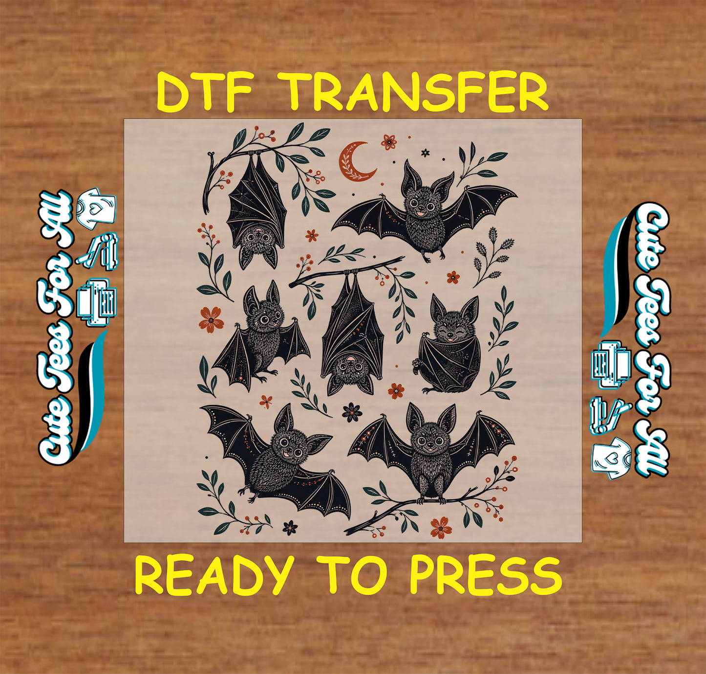 Cute bat Halloween DTF transfer featuring black bats, botanical leaves, orange flowers, branches, and a crescent moon for spooky season shirts.