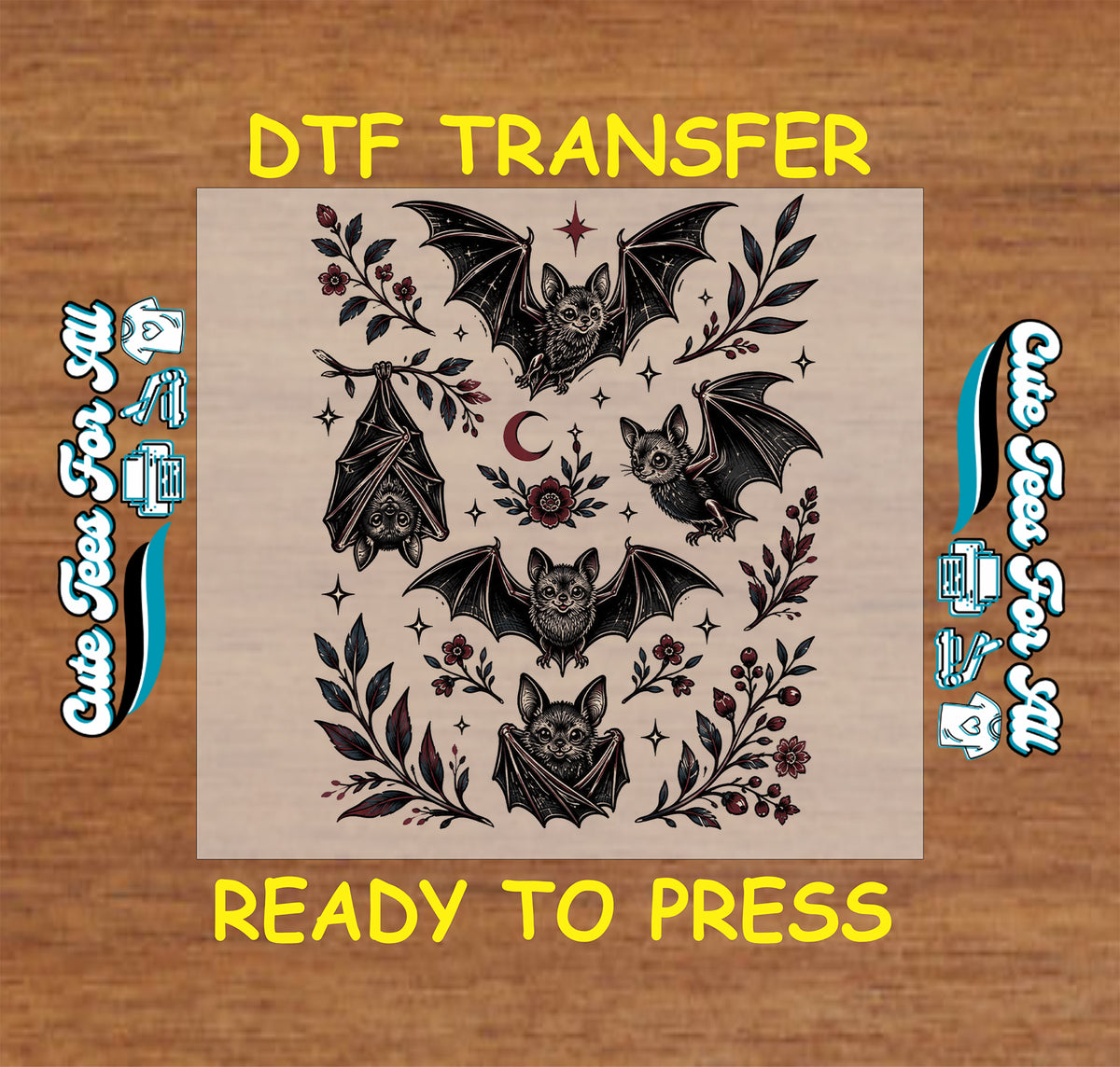 Spooky bat Halloween DTF transfer featuring black bats, crescent moon, stars, dark floral accents, berries, and botanical leaves.
