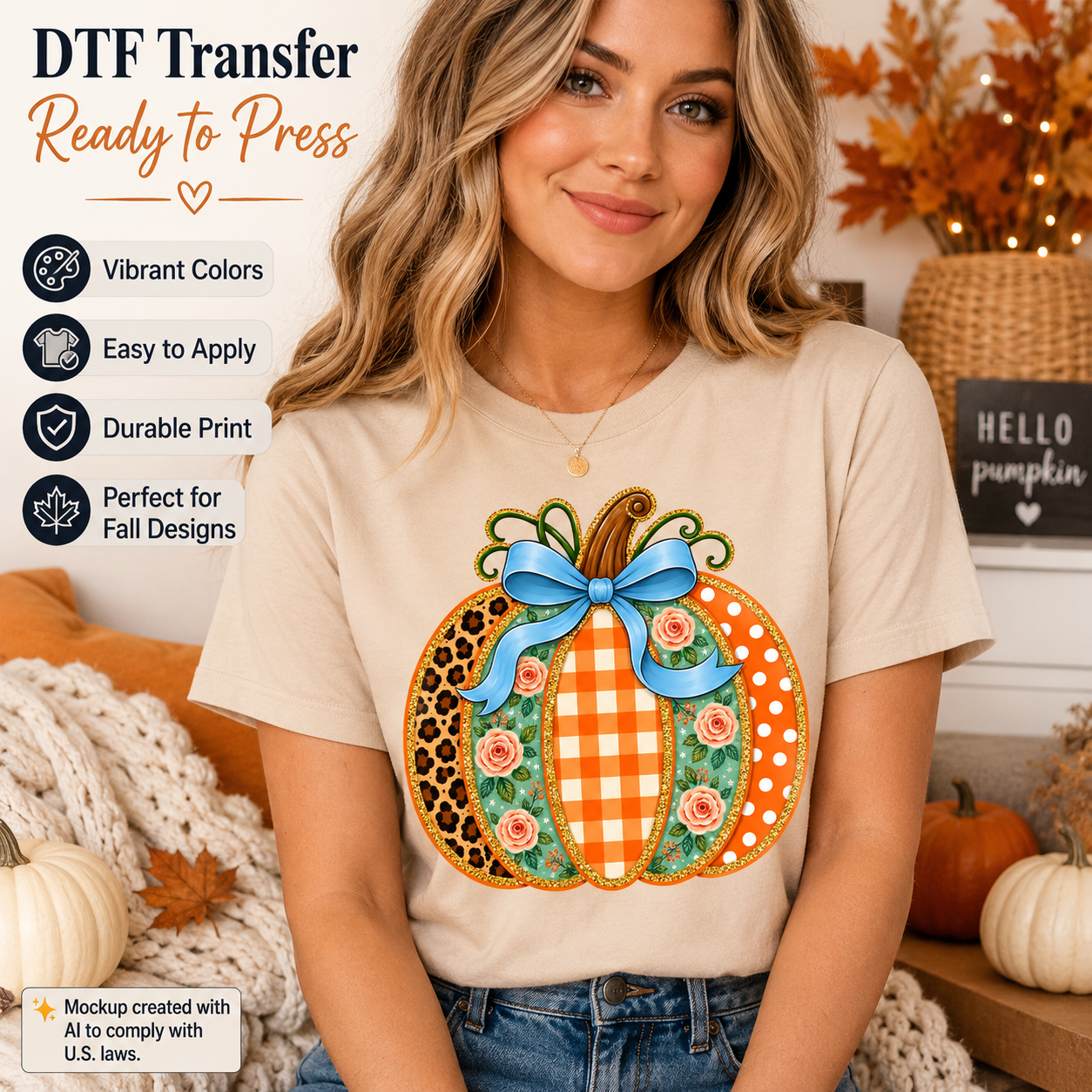 Woman wearing a cream T-shirt featuring a colorful patchwork pumpkin with leopard print, orange gingham, floral patterns, polka dots, and a blue bow.
