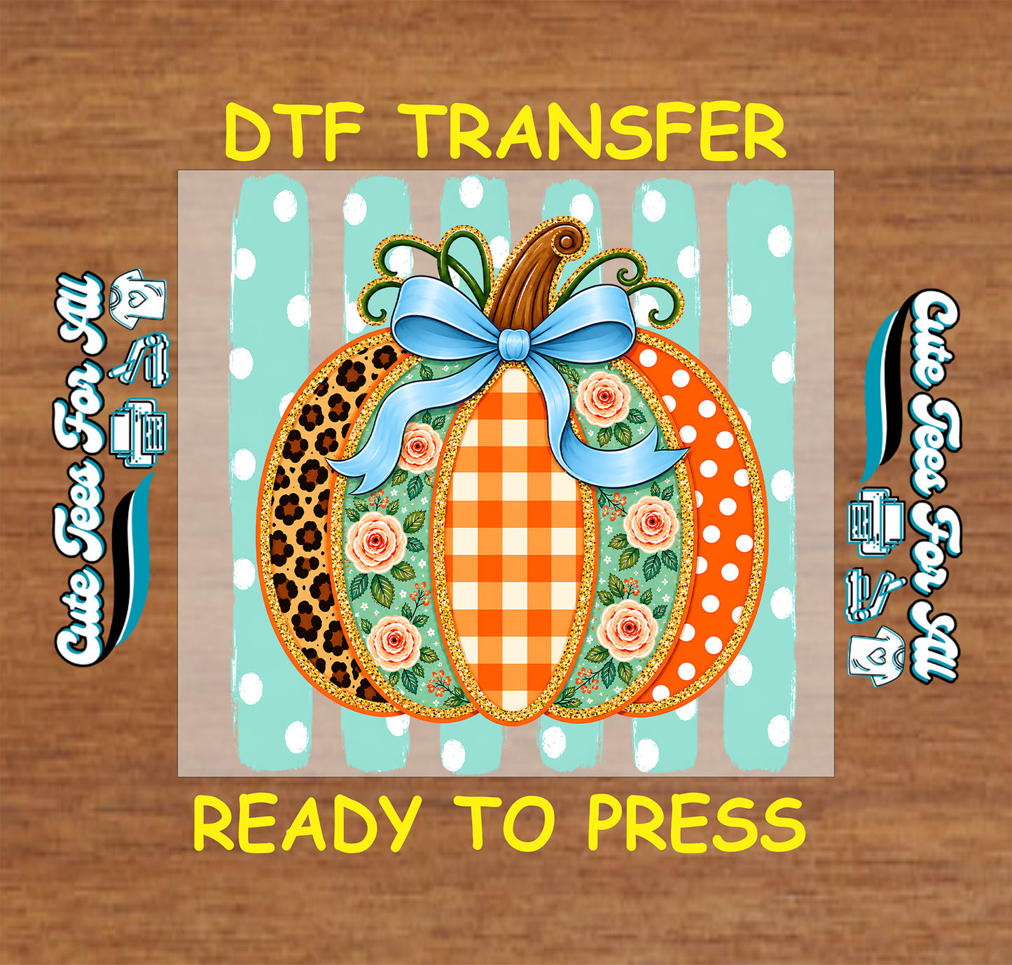 Patchwork pumpkin fall DTF transfer featuring leopard print, floral patterns, orange gingham, polka dots, and a blue bow.